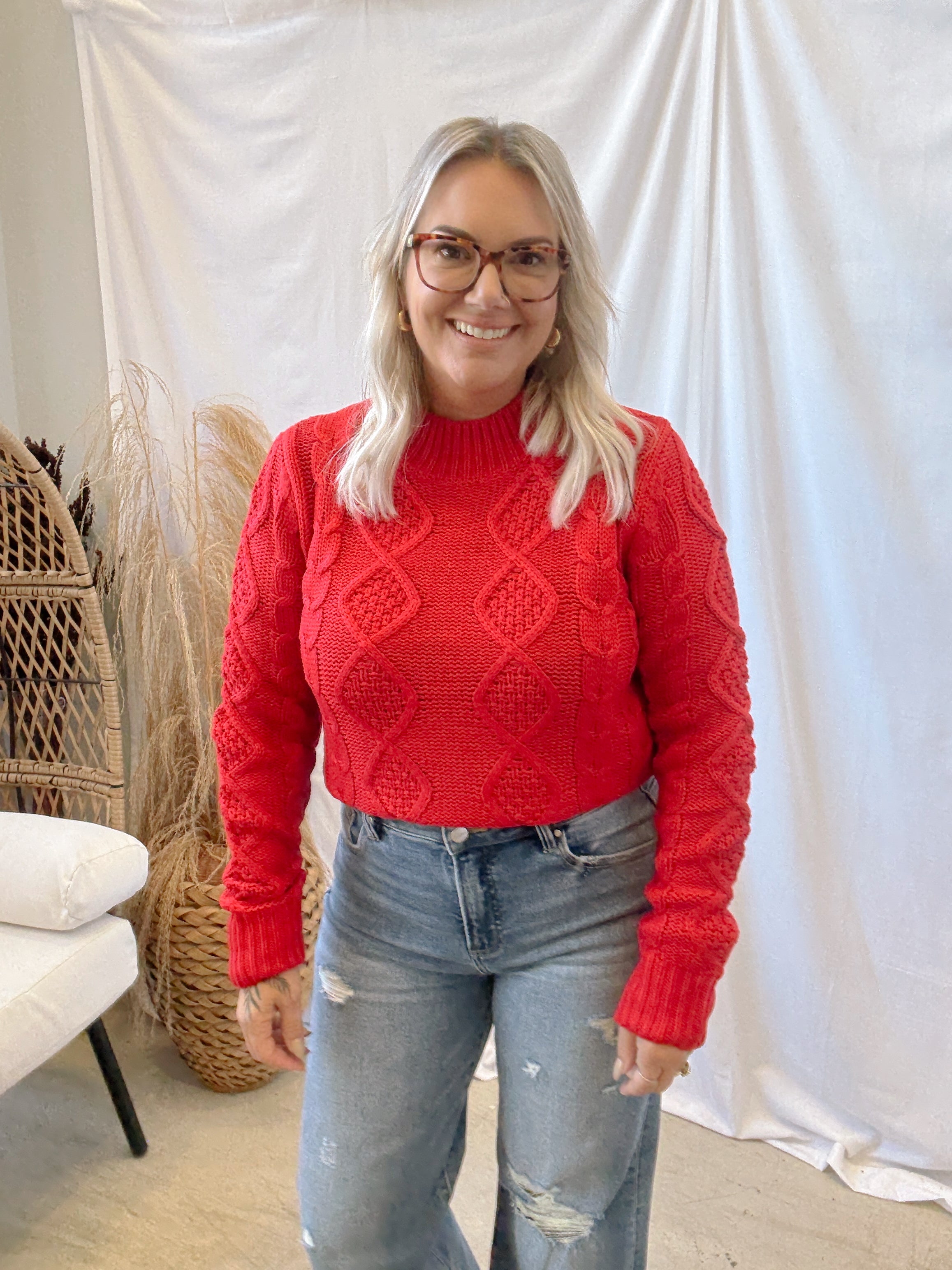 Textured Cable Knit Sweater-Red-Sweaters-hyfve-The Silo Boutique, Women's Fashion Boutique Located in Warren and Grand Forks North Dakota
