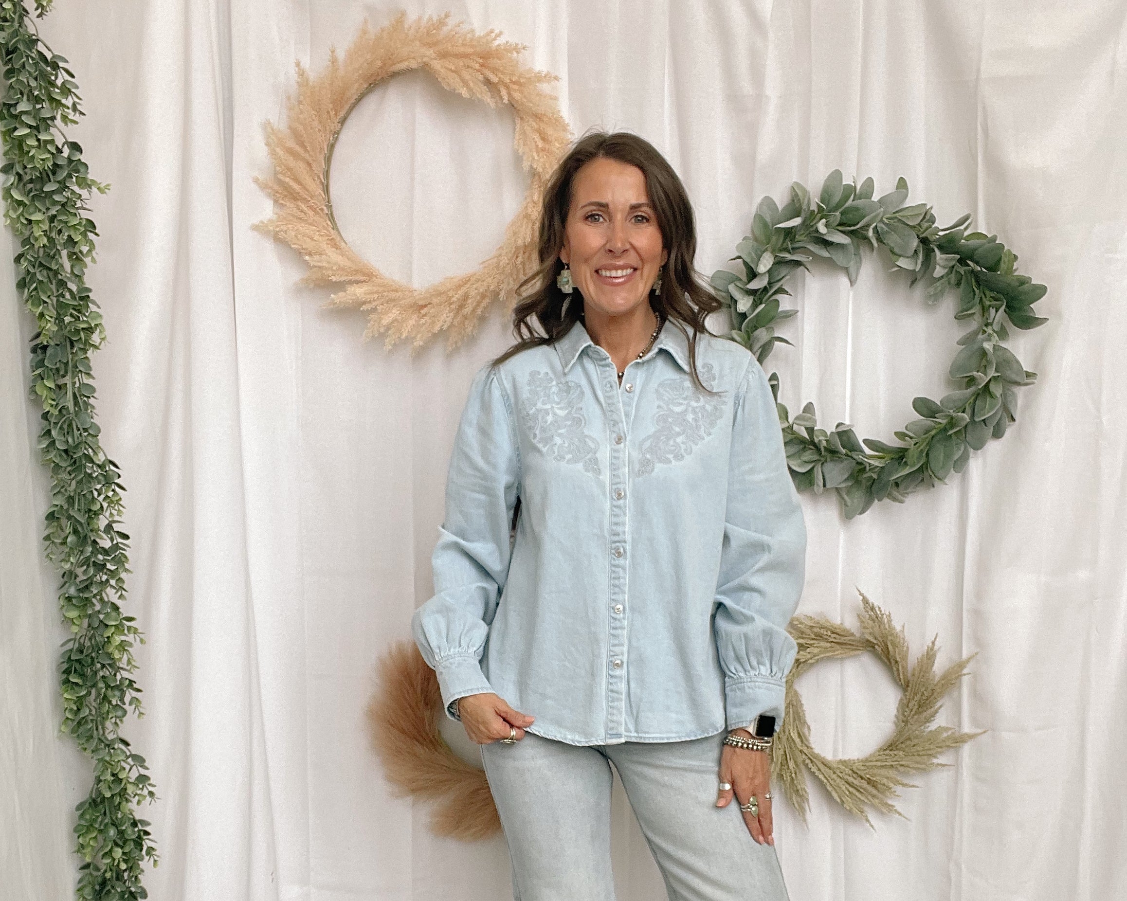 Risen Light Wash Embroidered Top-Long Sleeve Tops-risen-The Silo Boutique, Women's Fashion Boutique Located in Warren and Grand Forks North Dakota