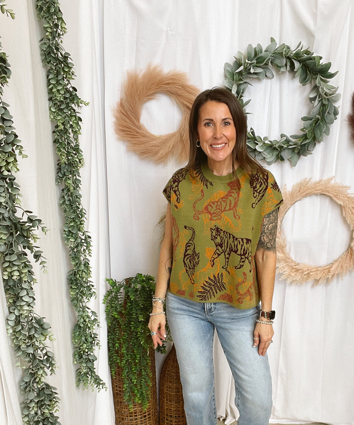 Taryn Tiger Cap Sleeve Sweater-Olive-Sweaters-ENTRO-The Silo Boutique, Women's Fashion Boutique Located in Warren and Grand Forks North Dakota