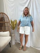 Collared Striped Denim Short Sleeve Shirt-Short Sleeve Tops-blu pepper-The Silo Boutique, Women's Fashion Boutique Located in Warren and Grand Forks North Dakota