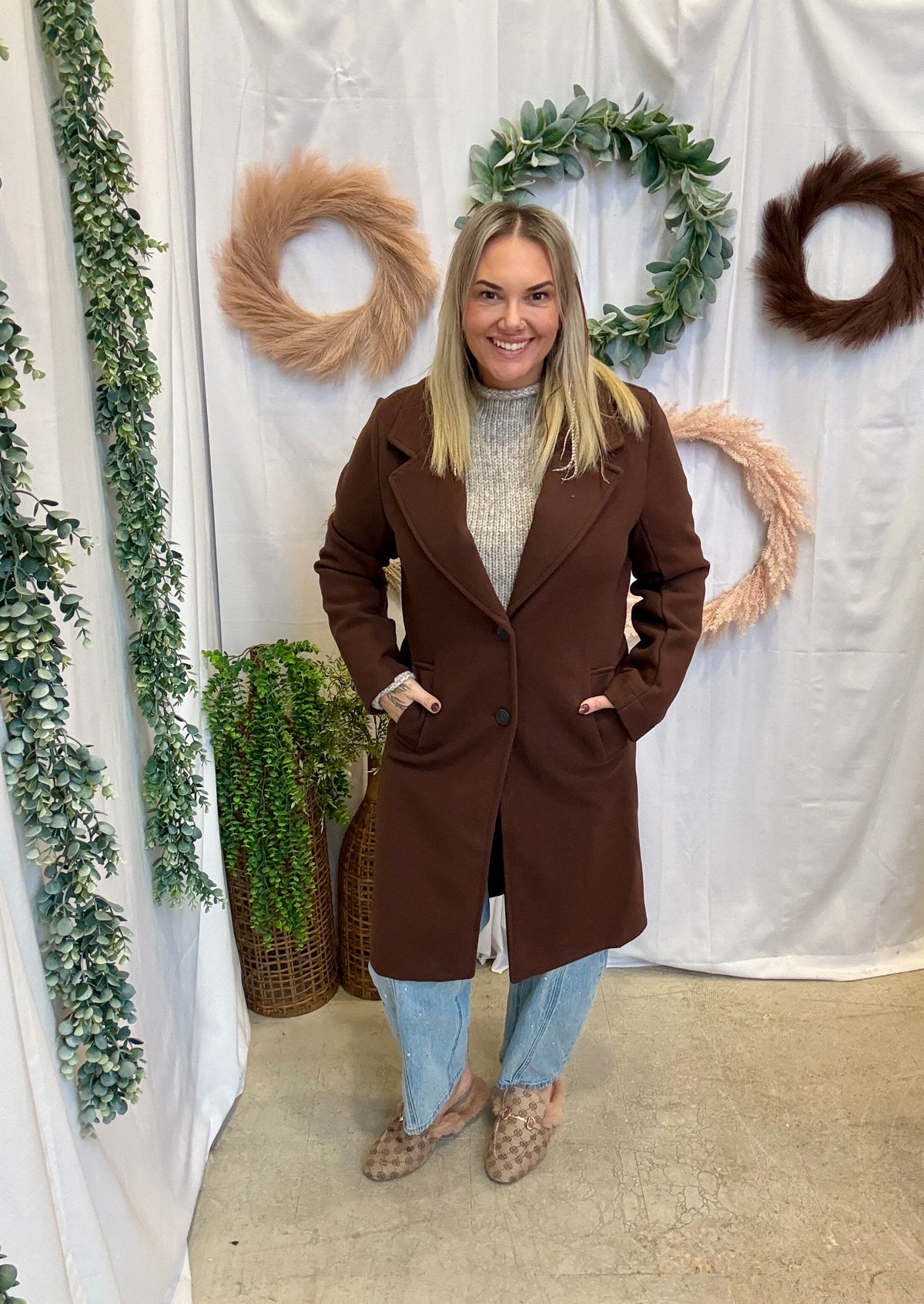 Nora Longline Lapel Coat-Brown-Coats & Jackets-love tree-The Silo Boutique, Women's Fashion Boutique Located in Warren and Grand Forks North Dakota