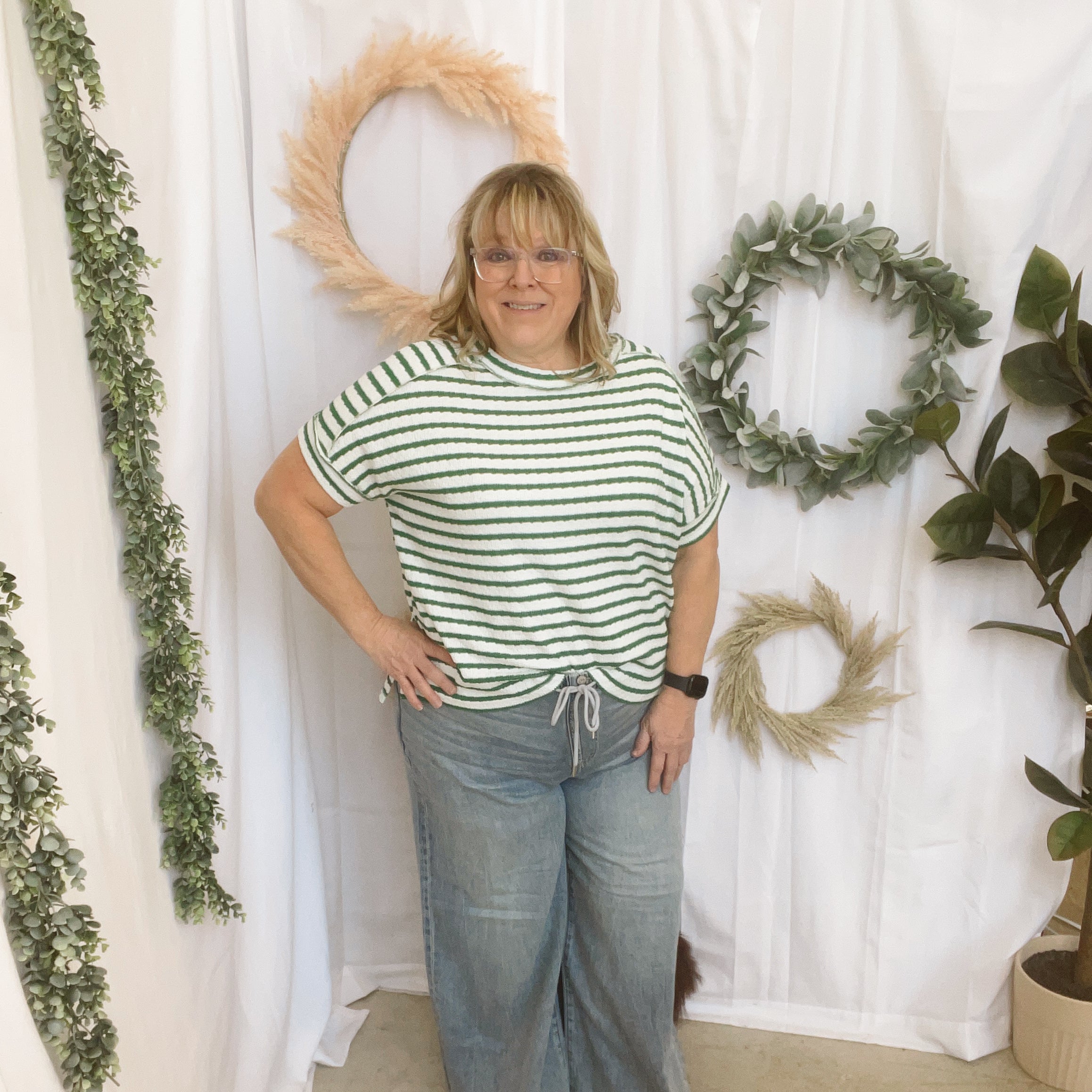 Robi Striped Neck -Green-Short Sleeve Tops-Zenana-The Silo Boutique, Women's Fashion Boutique Located in Warren and Grand Forks North Dakota