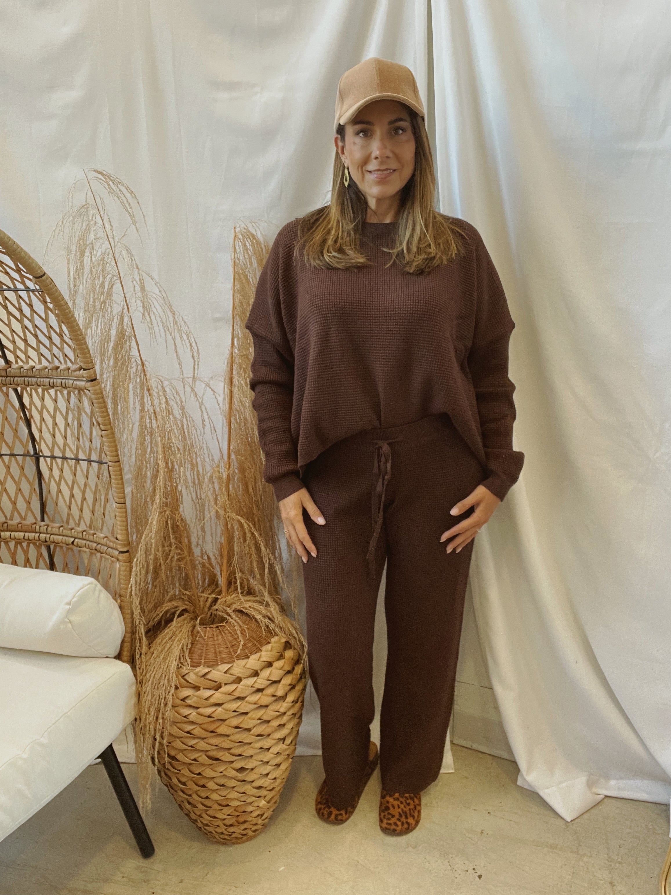 Rose Textured Waffle Set-Brown-Outfit Sets-tea and Rose-The Silo Boutique, Women's Fashion Boutique Located in Warren and Grand Forks North Dakota