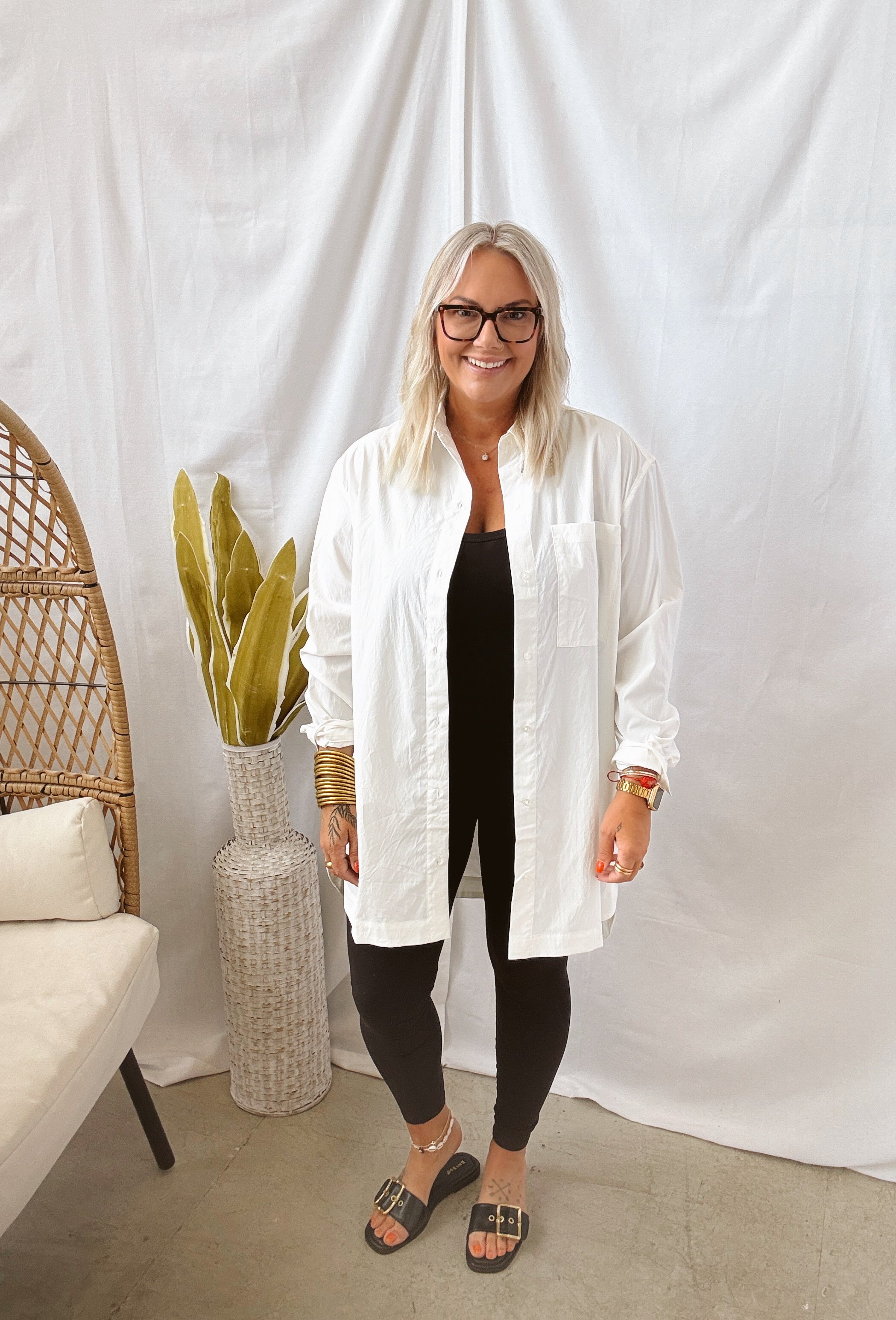 Oversized White Collared Button Up Top-Long Sleeve Tops-mono b-The Silo Boutique, Women's Fashion Boutique Located in Warren and Grand Forks North Dakota