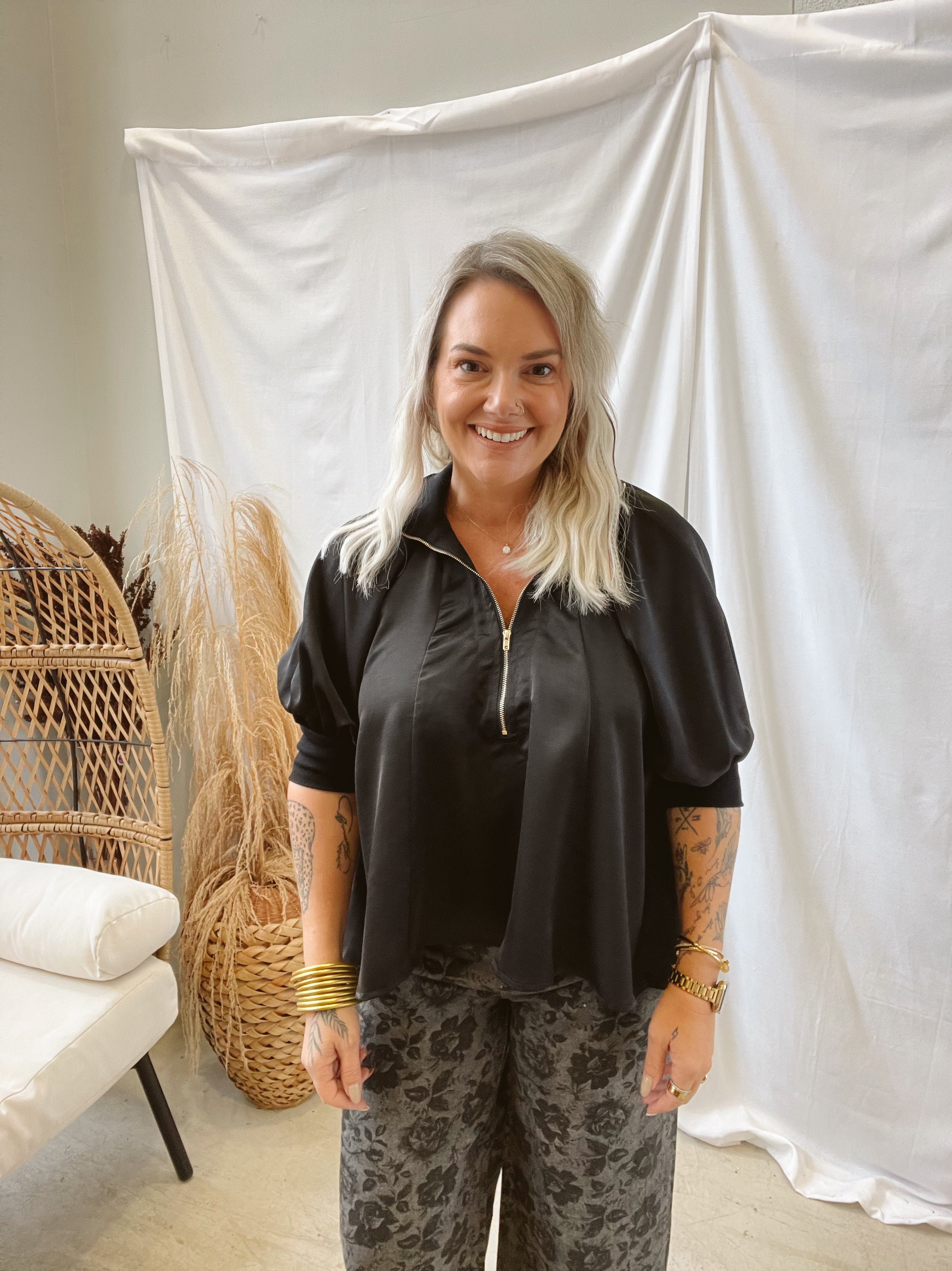 Glam Quarter Zip Satin Top-Black-Short Sleeve Tops-glam-The Silo Boutique, Women's Fashion Boutique Located in Warren and Grand Forks North Dakota