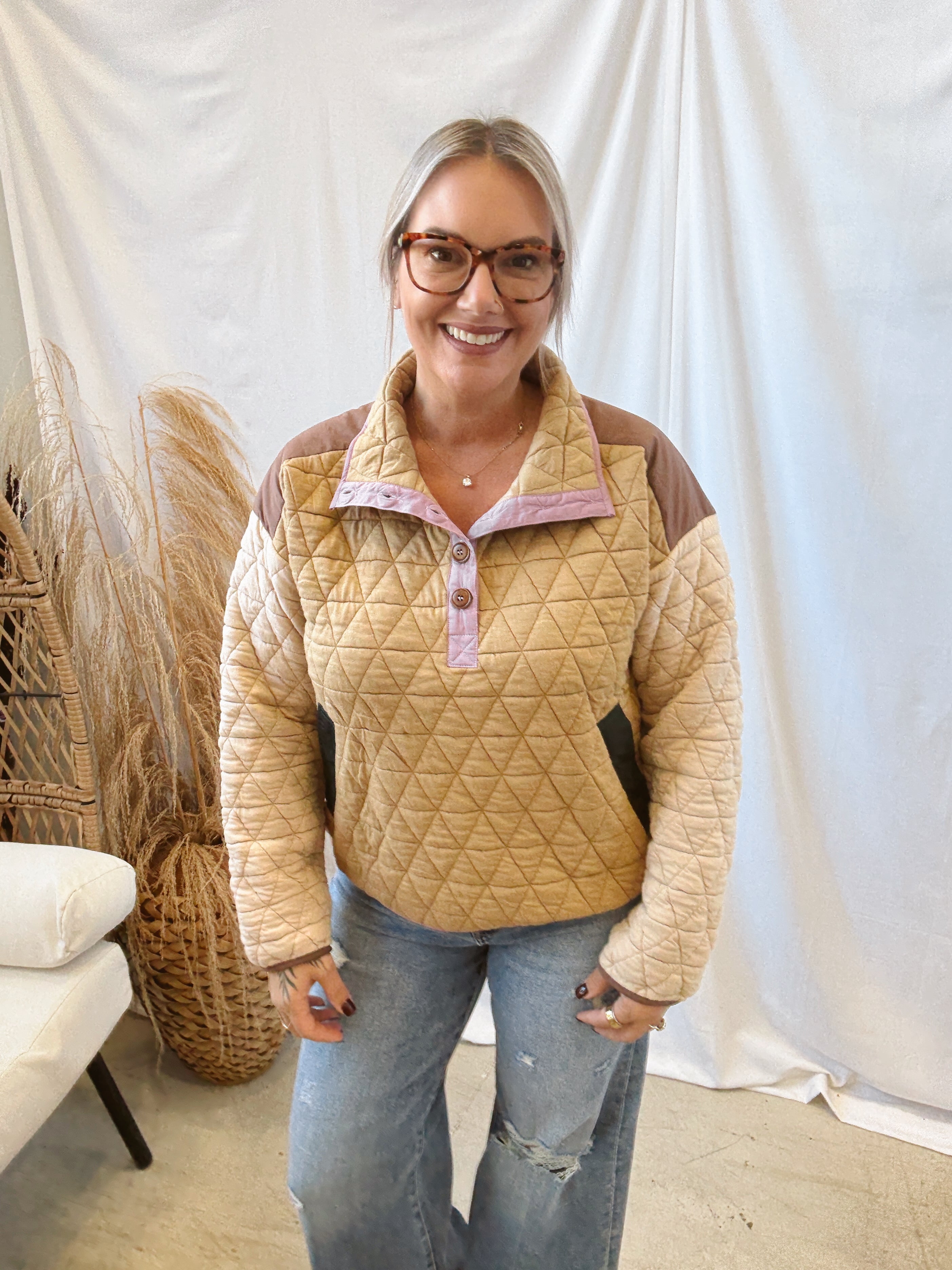 Camel Beige Quilted Sweatshirt-Sweatshirts-stacatto-The Silo Boutique, Women's Fashion Boutique Located in Warren and Grand Forks North Dakota