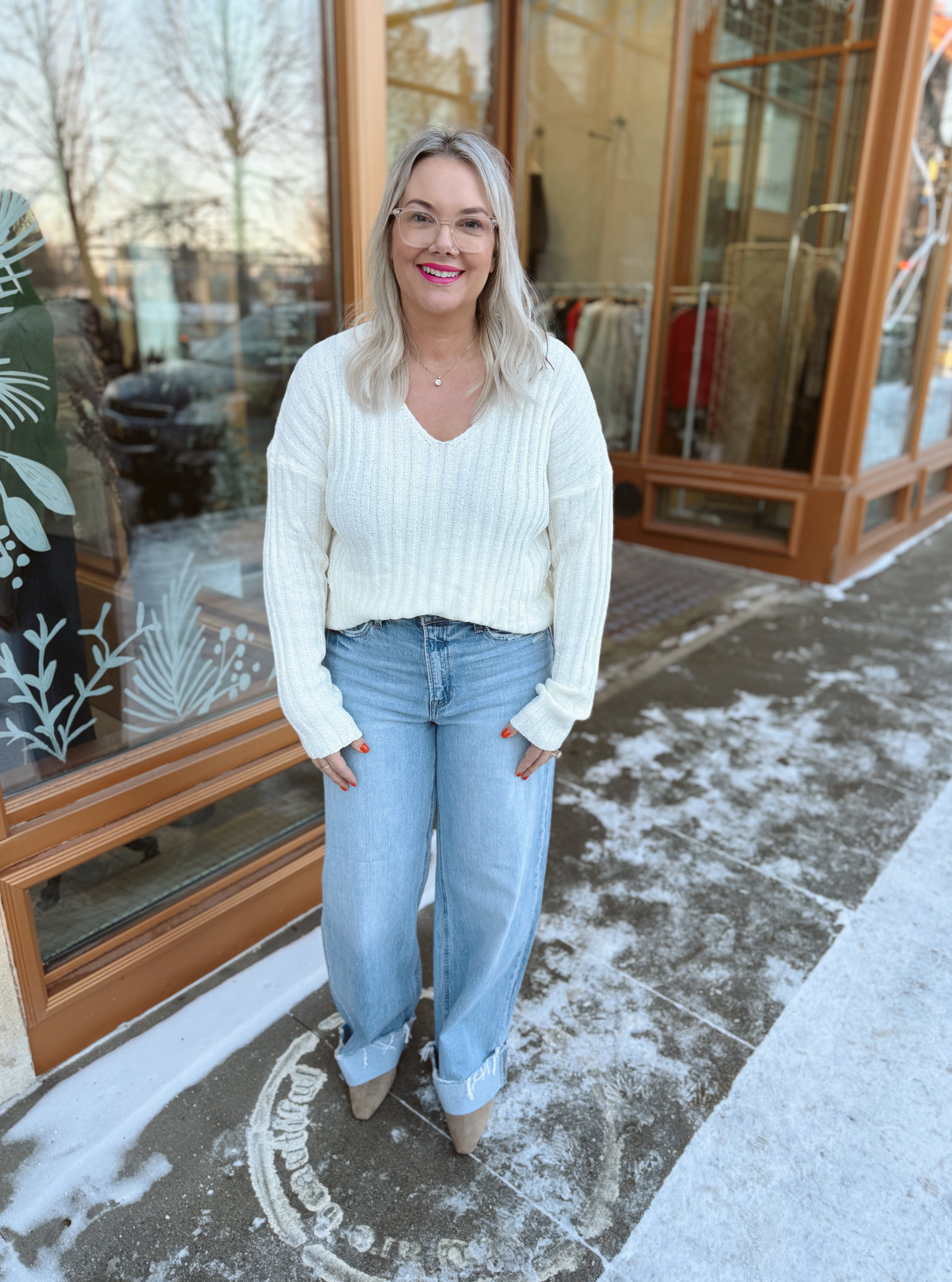 Raised Rib V Neck Sweater-Ivory-Sweaters-be cool-The Silo Boutique, Women's Fashion Boutique Located in Warren and Grand Forks North Dakota