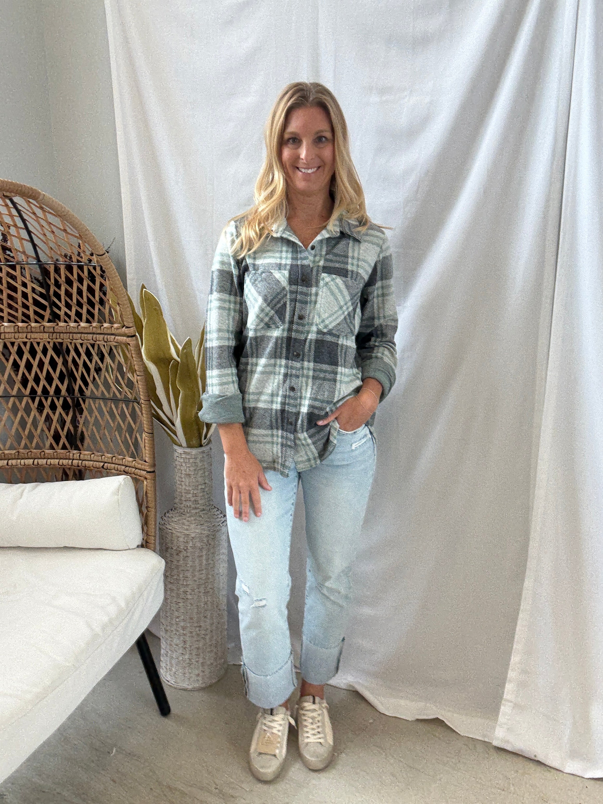 Gray Plaid Button Up Flannel Top-Long Sleeve Tops-panache-The Silo Boutique, Women's Fashion Boutique Located in Warren and Grand Forks North Dakota
