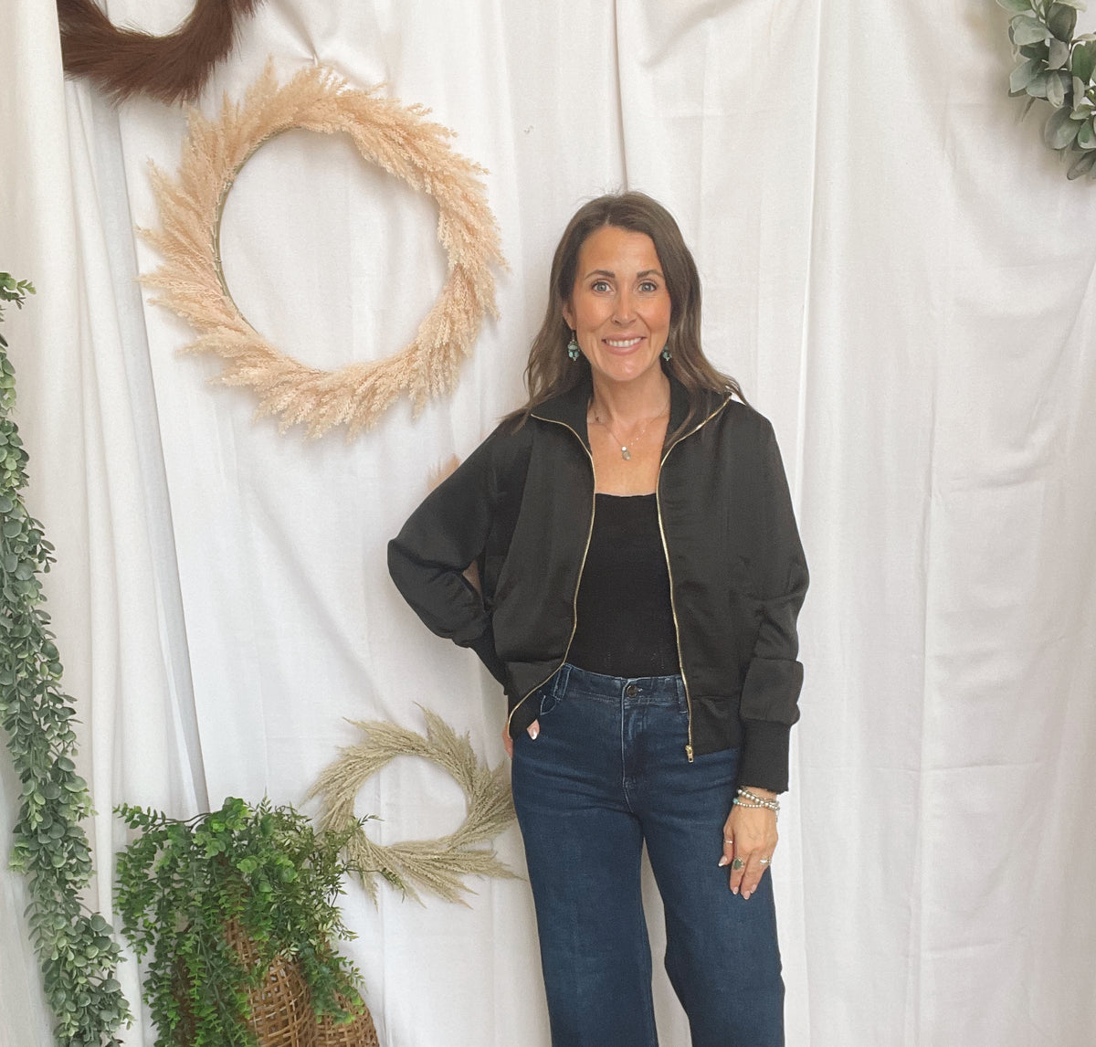Georgia Black Satin Bomber Jacket-Coats & Jackets-glam-The Silo Boutique, Women's Fashion Boutique Located in Warren and Grand Forks North Dakota