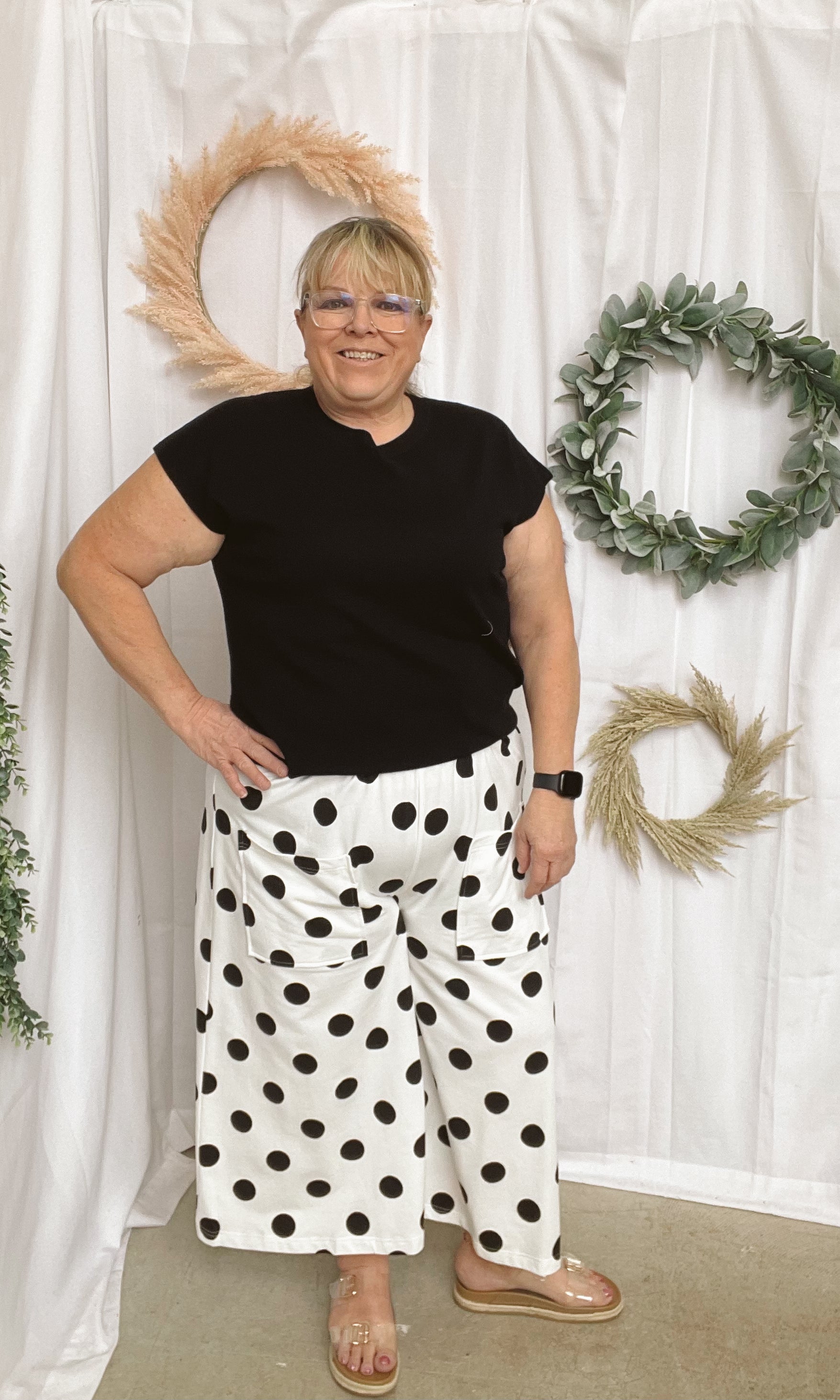Angie Polk Dot Pants-White-sweatpants-oddi-The Silo Boutique, Women's Fashion Boutique Located in Warren and Grand Forks North Dakota