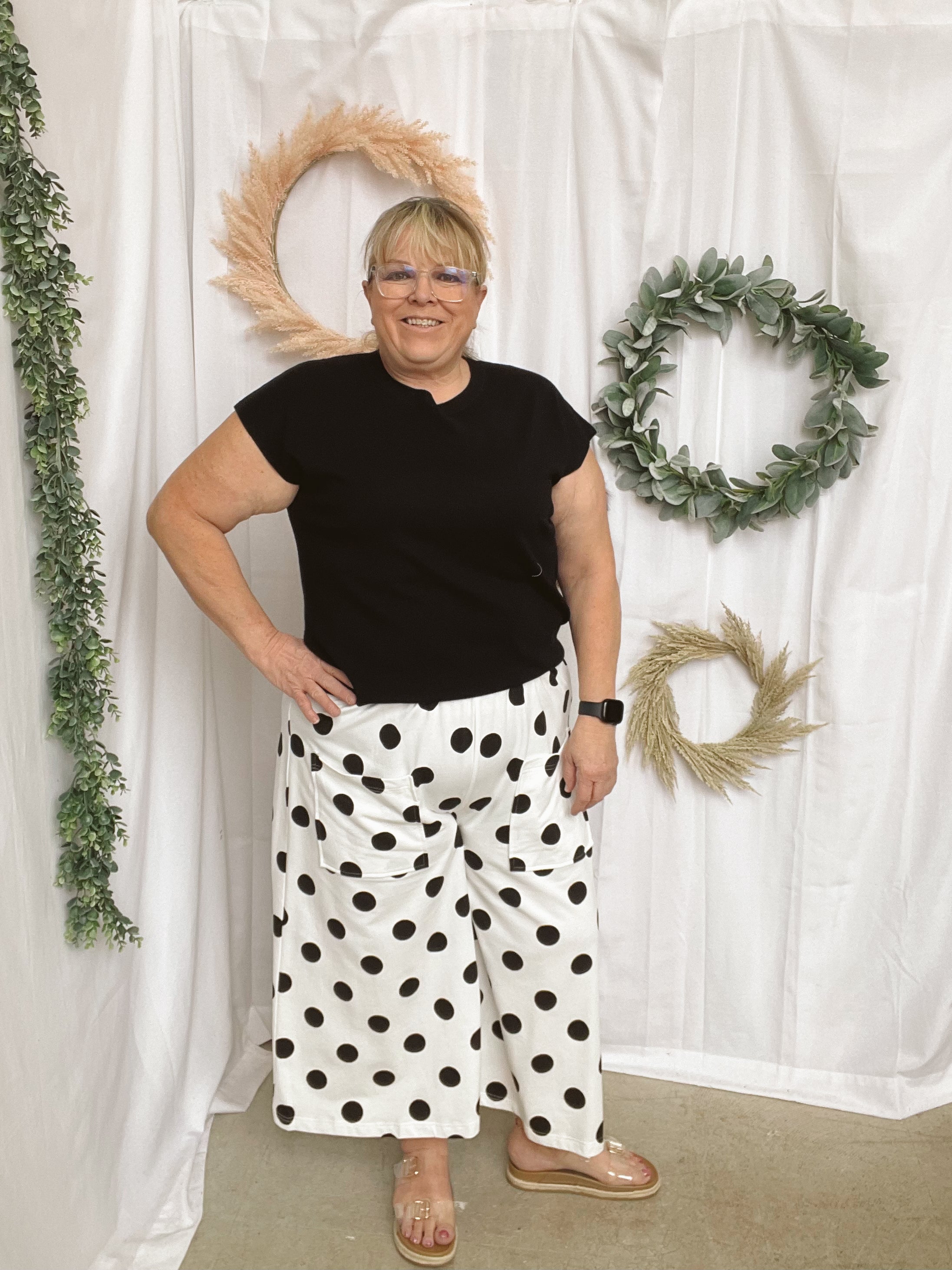 Angie Polk Dot Pants-White-sweatpants-oddi-The Silo Boutique, Women's Fashion Boutique Located in Warren and Grand Forks North Dakota