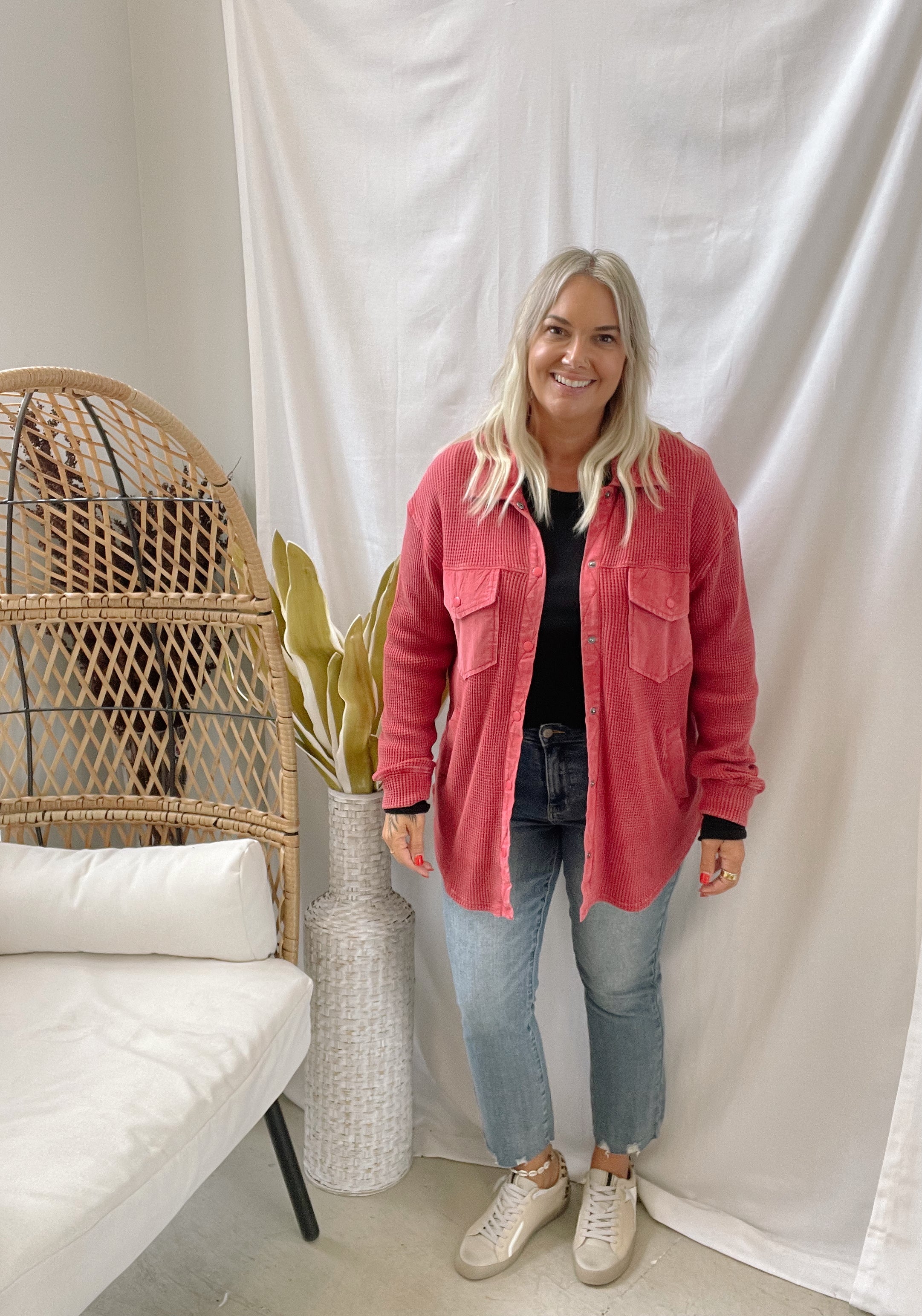 Waffle Knit Button Down Top-Red-Coats & Jackets-mono b-The Silo Boutique, Women's Fashion Boutique Located in Warren and Grand Forks North Dakota