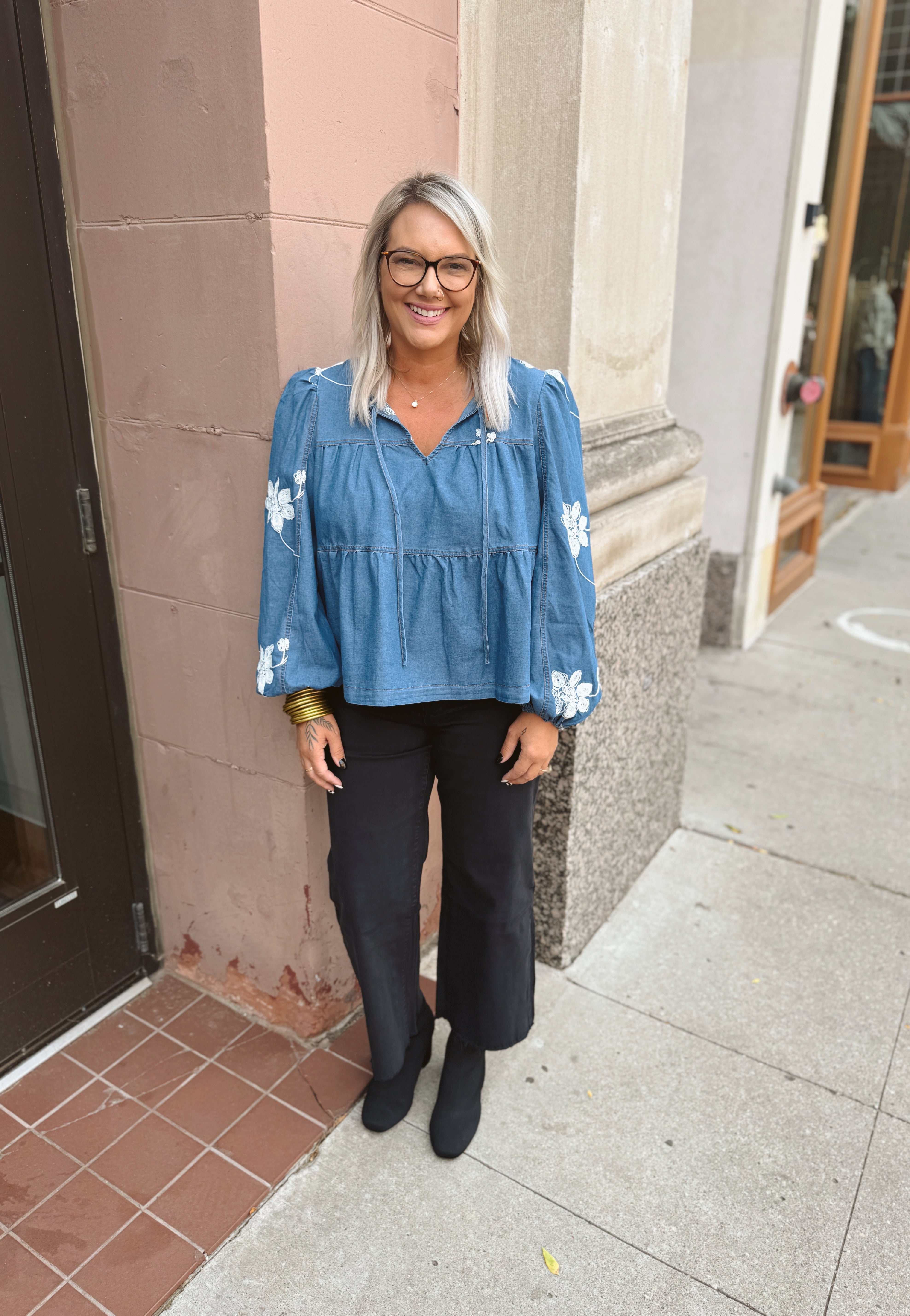 Boho Denim Floral Top-Long Sleeve Tops-&merci-The Silo Boutique, Women's Fashion Boutique Located in Warren and Grand Forks North Dakota