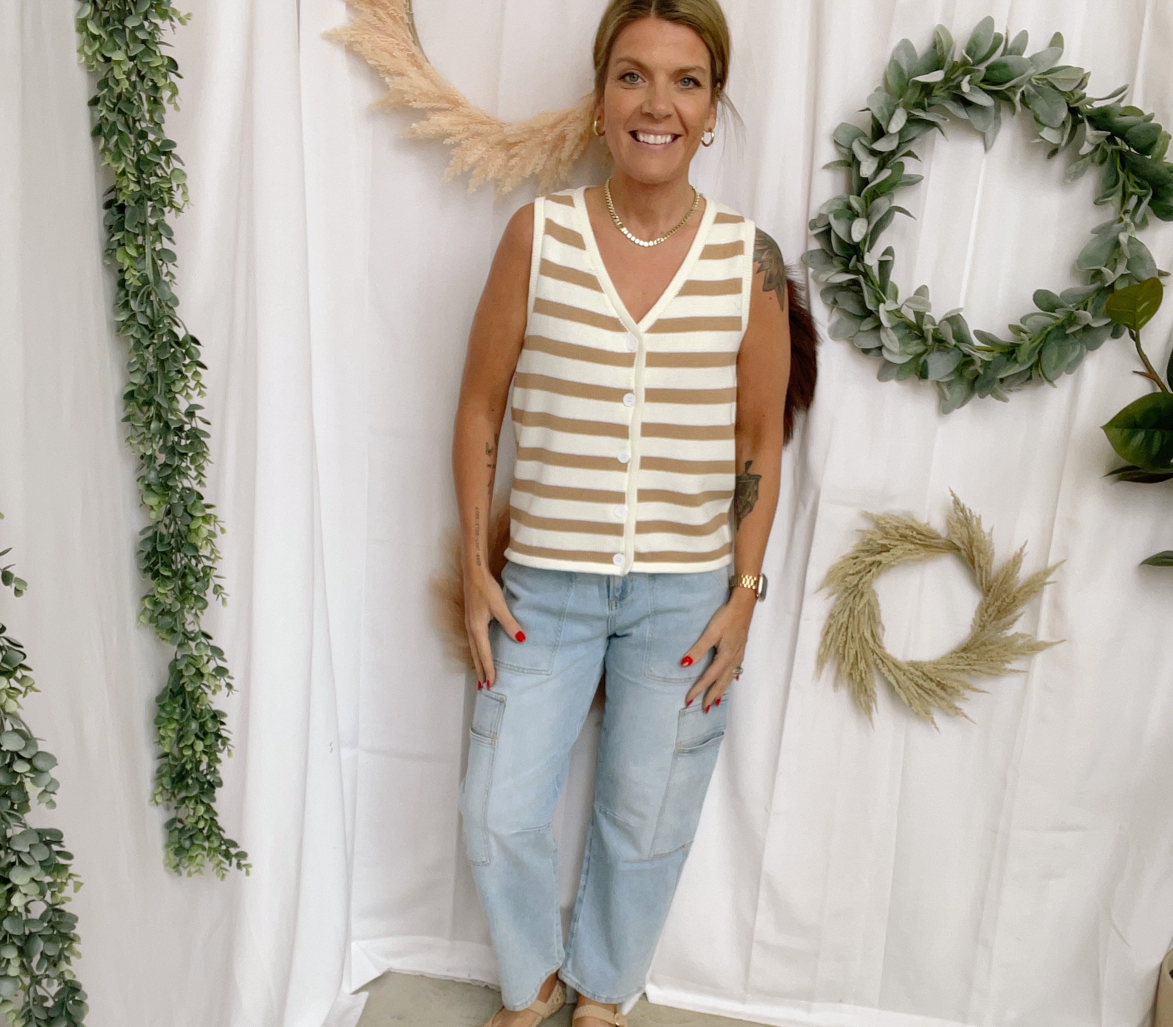 Sisi Striped Tank Sweater-Taupe-Tank Tops-stacatto-The Silo Boutique, Women's Fashion Boutique Located in Warren and Grand Forks North Dakota