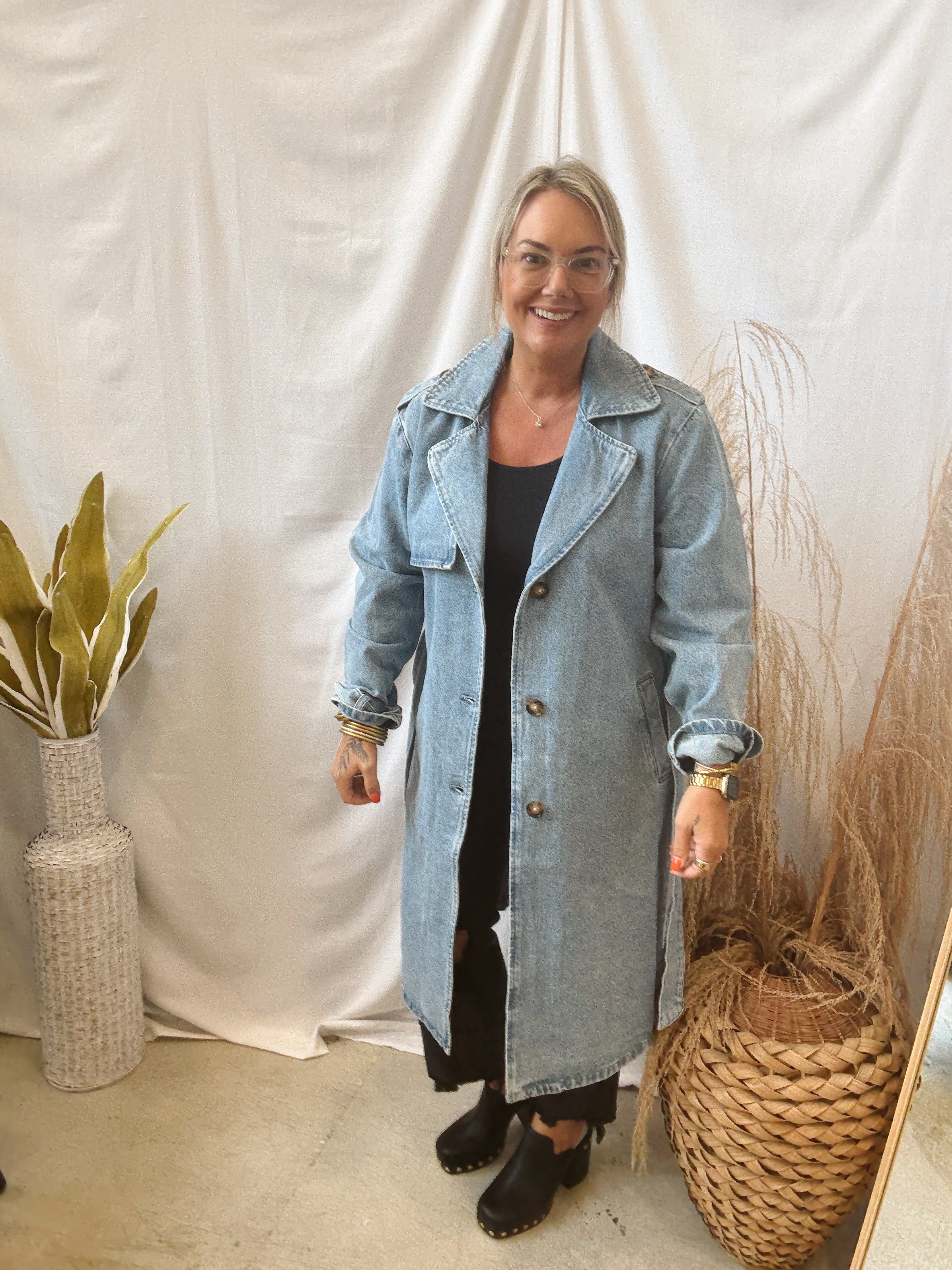 Long Denim Belted Jacket-Coats & Jackets-hem and thread-The Silo Boutique, Women's Fashion Boutique Located in Warren and Grand Forks North Dakota