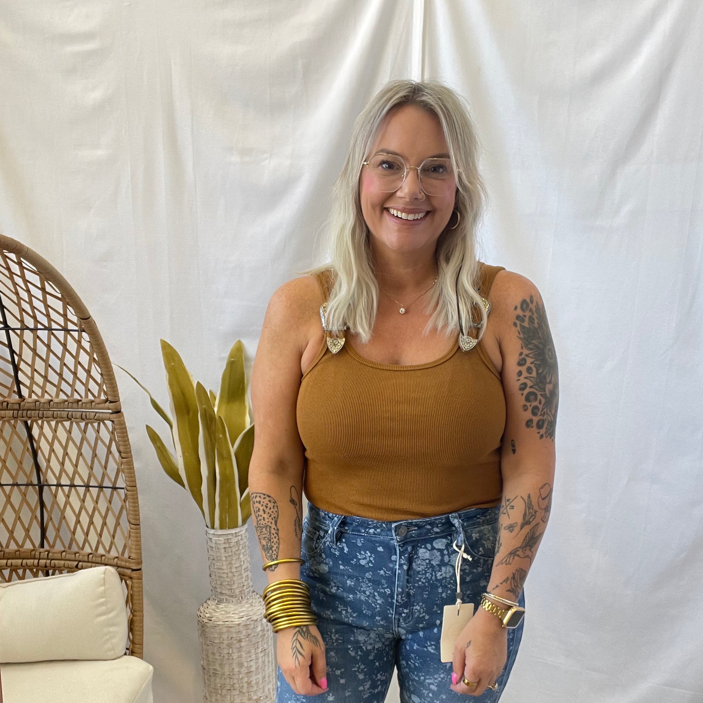 Ribbed Buckle Tank Top Bodysuit-Camel-Tank Tops-blue B-The Silo Boutique, Women's Fashion Boutique Located in Warren and Grand Forks North Dakota