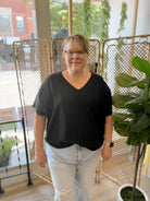 Zen V Neck Seam Top-Black-Short Sleeve Tops-Zenana-The Silo Boutique, Women's Fashion Boutique Located in Warren and Grand Forks North Dakota