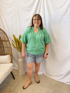 Bubble Sleeved Seersucker Top-Green-Short Sleeve Tops-Umgee-The Silo Boutique, Women's Fashion Boutique Located in Warren and Grand Forks North Dakota