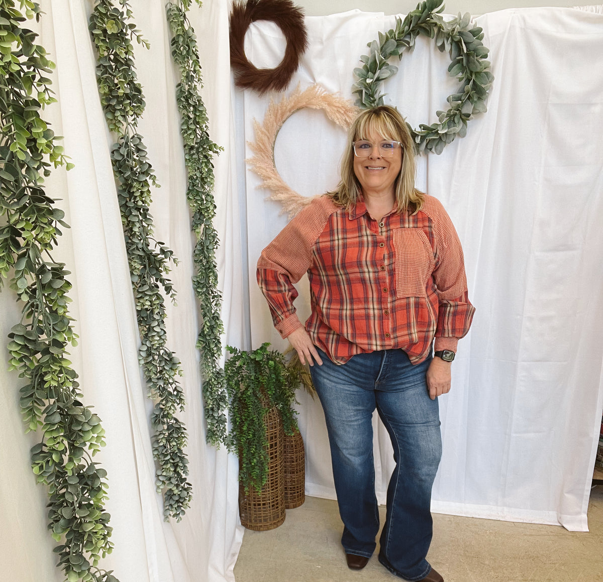 Delta Plaid Mix Flannel-Red-Long Sleeve Tops-Easel-The Silo Boutique, Women's Fashion Boutique Located in Warren and Grand Forks North Dakota