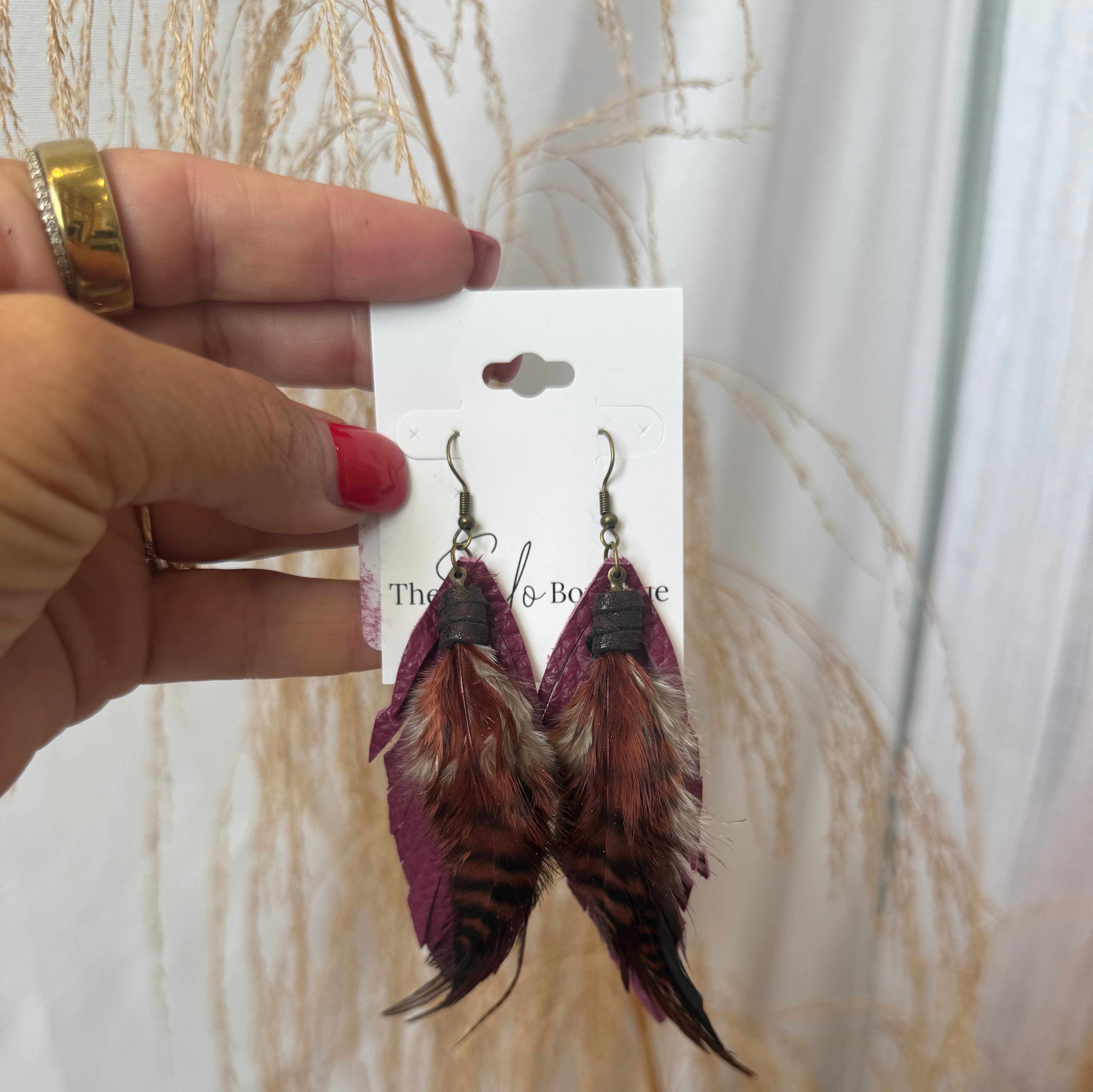 Clancy Feather Earrings-Merlot-Final Sale-Earrings-fringe with faith-The Silo Boutique, Women's Fashion Boutique Located in Warren and Grand Forks North Dakota