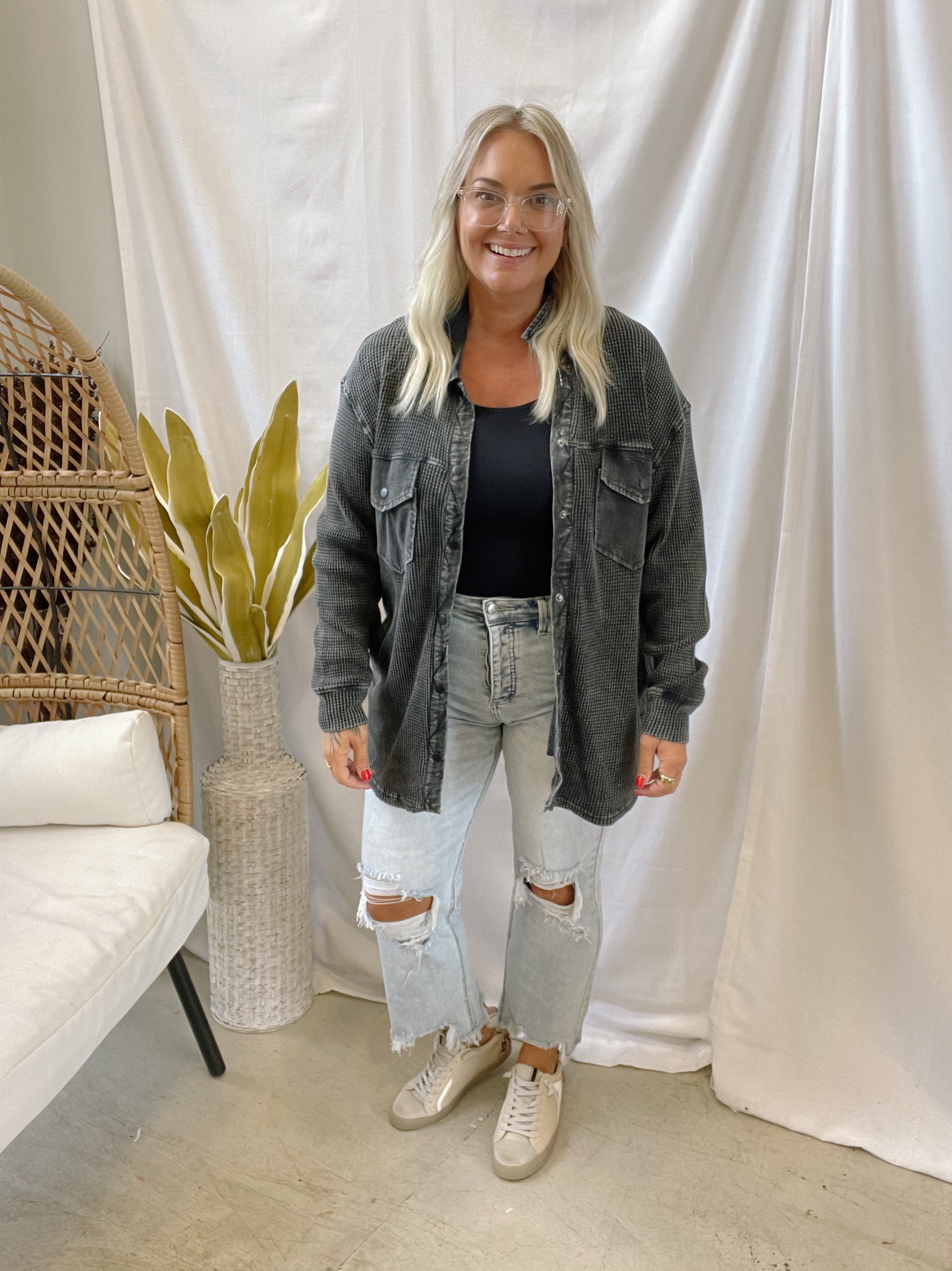 Waffle Knit Button Down Top-Black-Coats & Jackets-mono b-The Silo Boutique, Women's Fashion Boutique Located in Warren and Grand Forks North Dakota