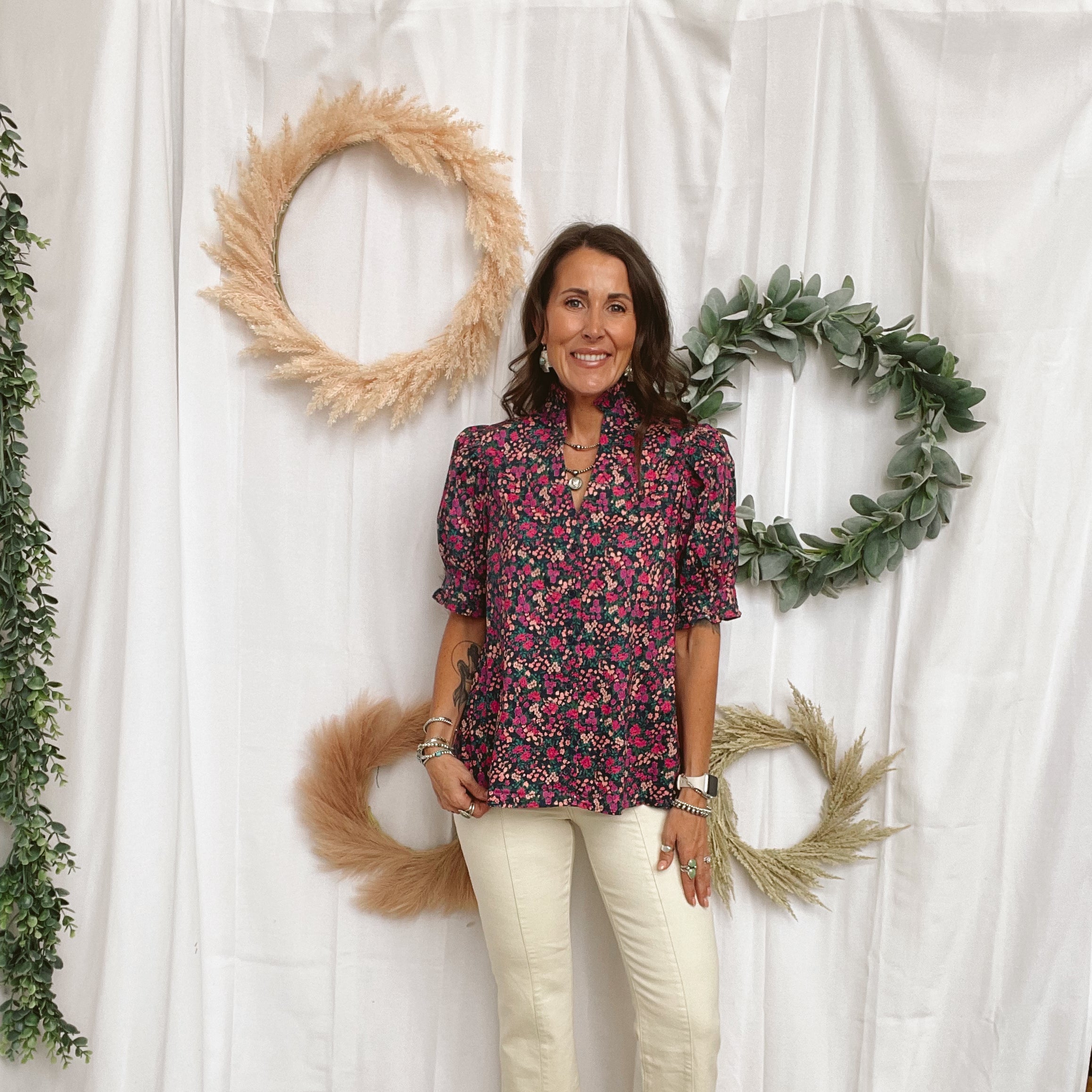 Floral Bouquet Top-Short Sleeve Tops-ENTRO-The Silo Boutique, Women's Fashion Boutique Located in Warren and Grand Forks North Dakota