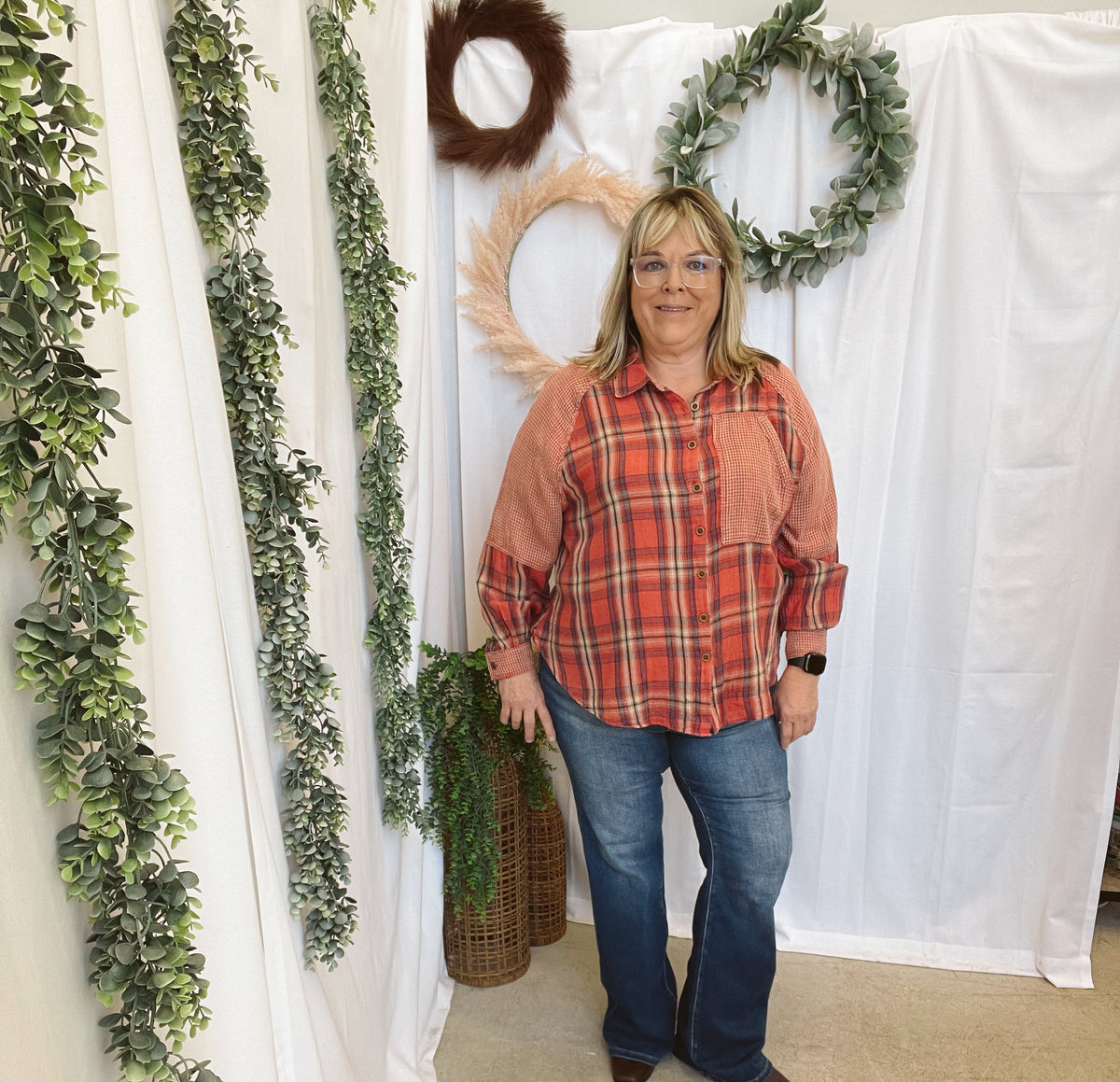 Delta Plaid Mix Flannel-Red-Long Sleeve Tops-Easel-The Silo Boutique, Women's Fashion Boutique Located in Warren and Grand Forks North Dakota