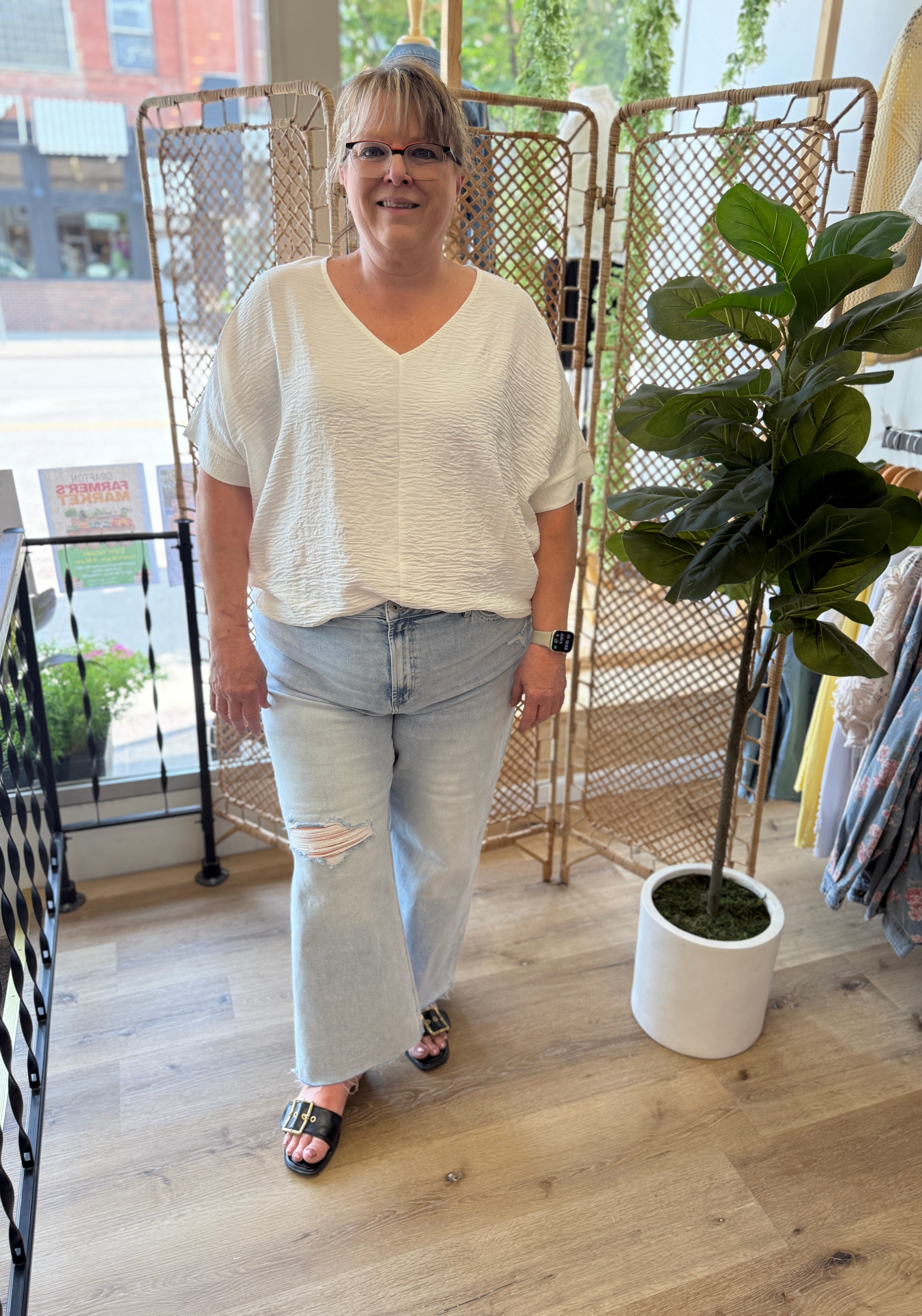 Zen V Neck Seam Top-White-Short Sleeve Tops-Zenana-The Silo Boutique, Women's Fashion Boutique Located in Warren and Grand Forks North Dakota