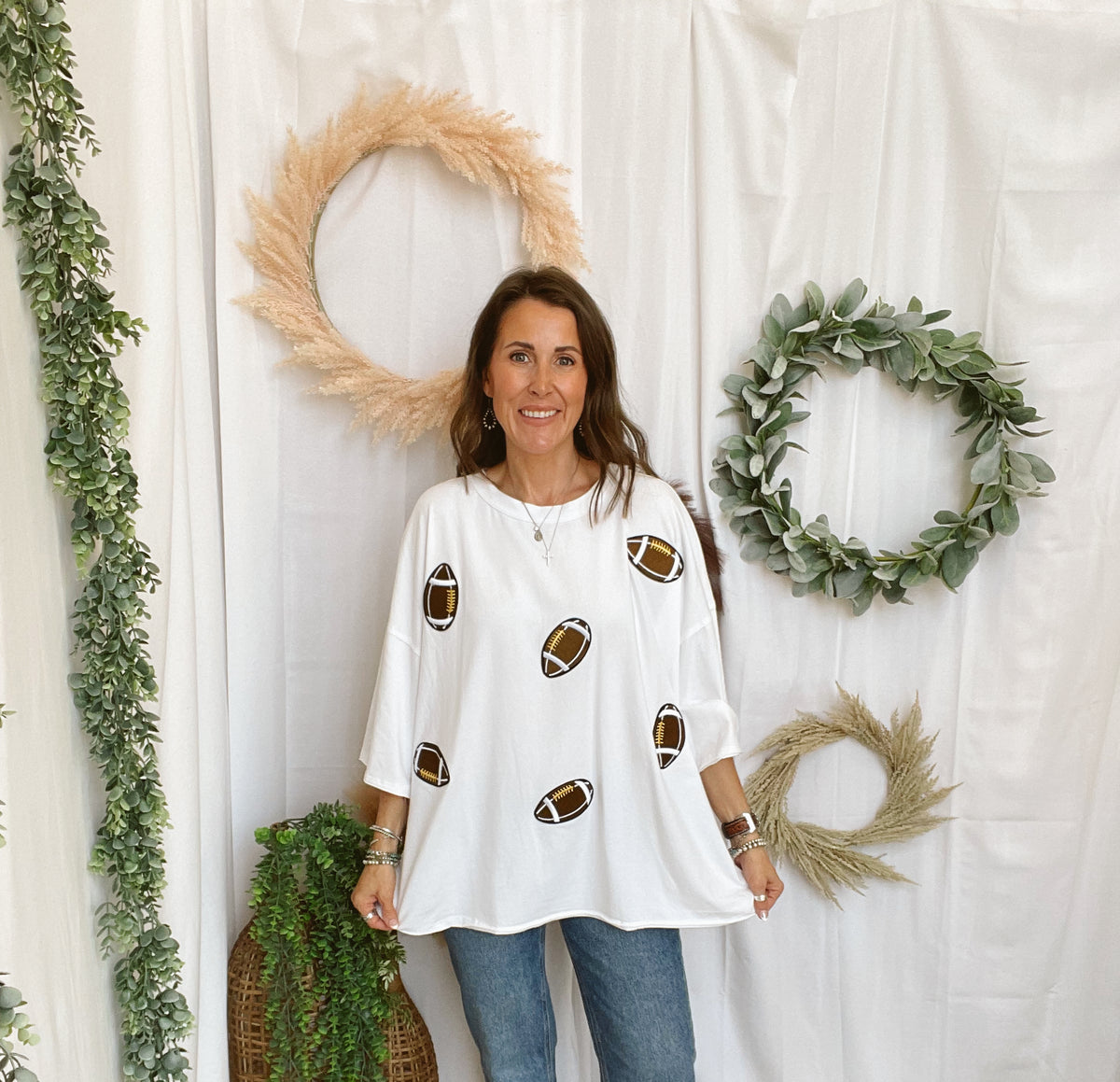 Football Patch Game Day Oversized Tee-White-Graphic Tees-sewn and seen-The Silo Boutique, Women's Fashion Boutique Located in Warren and Grand Forks North Dakota