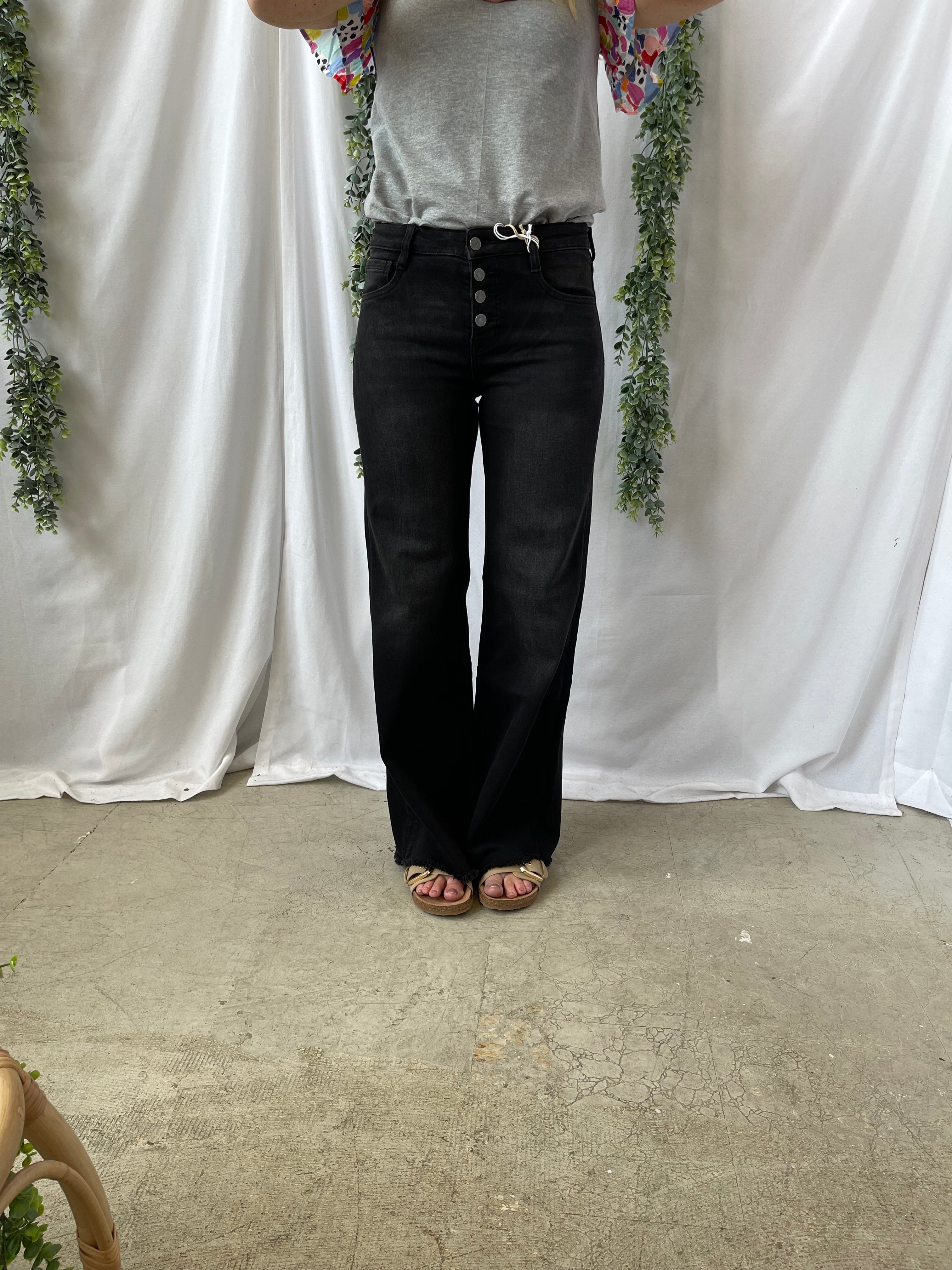 Bayeas Black Wide Leg Frayed Hem Jeans-Jeans-bayeas-The Silo Boutique, Women's Fashion Boutique Located in Warren and Grand Forks North Dakota
