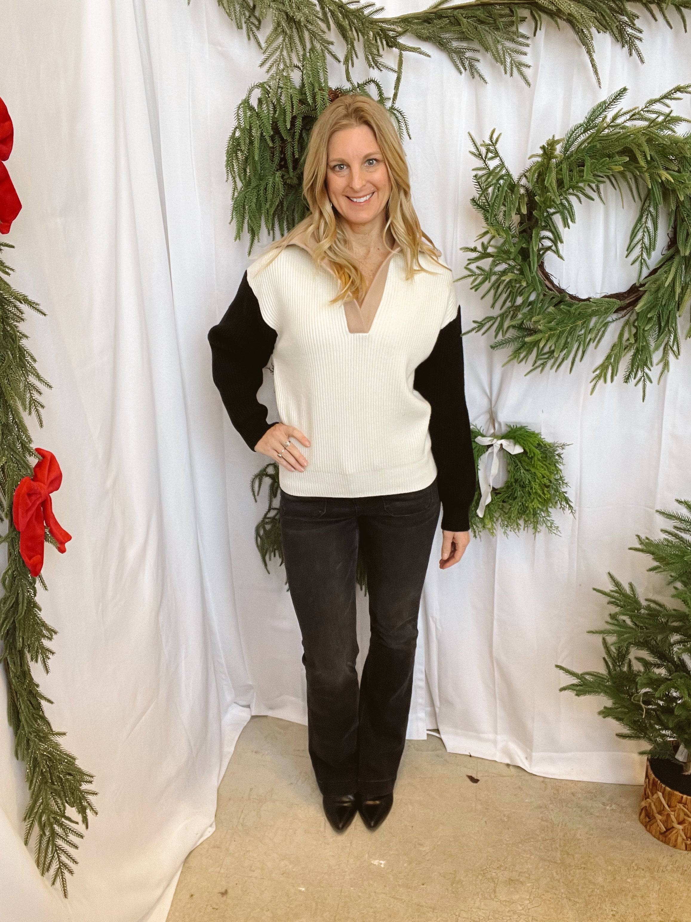 Cream Colorblock Collar Sweater-Cardigans-blu pepper-The Silo Boutique, Women's Fashion Boutique Located in Warren and Grand Forks North Dakota