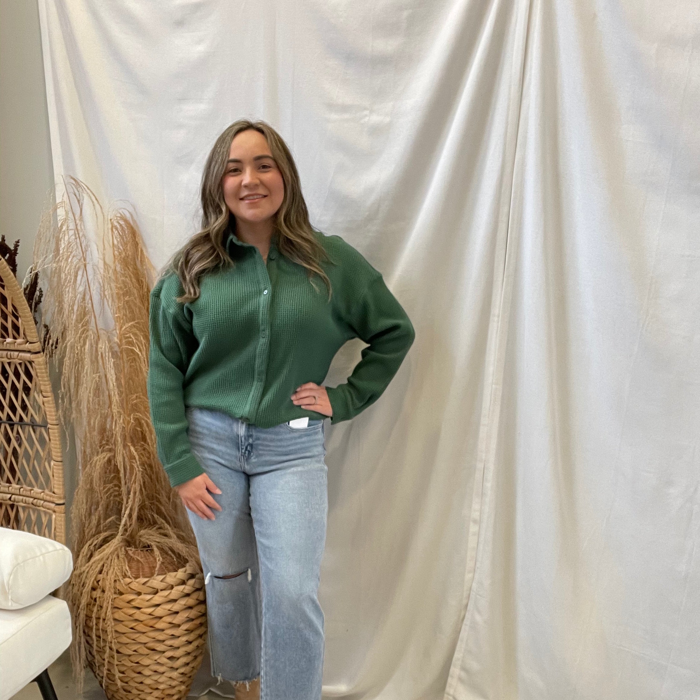 Green Waffle Knit Top-Long Sleeve Tops-gilli-The Silo Boutique, Women's Fashion Boutique Located in Warren and Grand Forks North Dakota