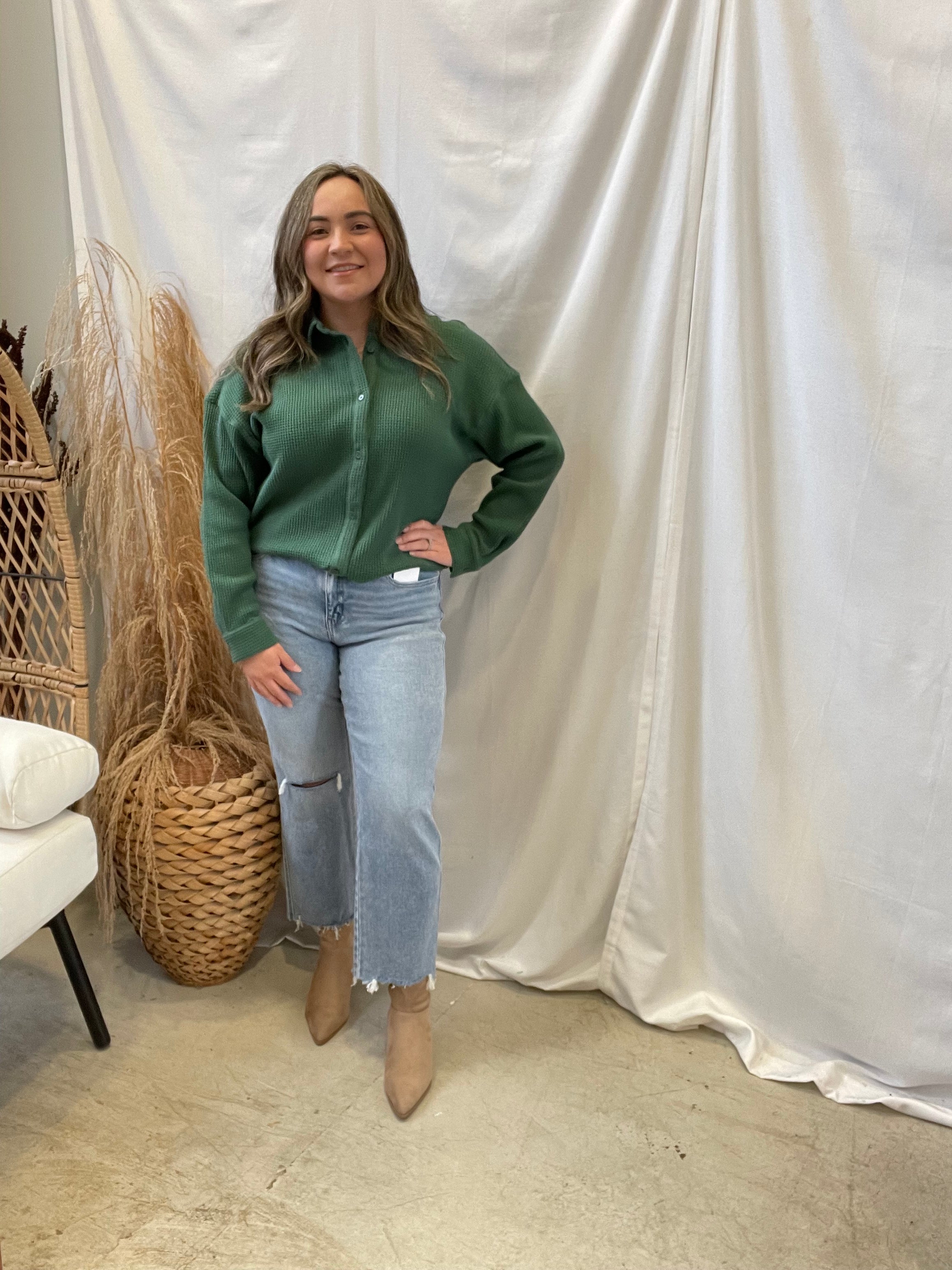 Green Waffle Knit Top-Long Sleeve Tops-gilli-The Silo Boutique, Women's Fashion Boutique Located in Warren and Grand Forks North Dakota