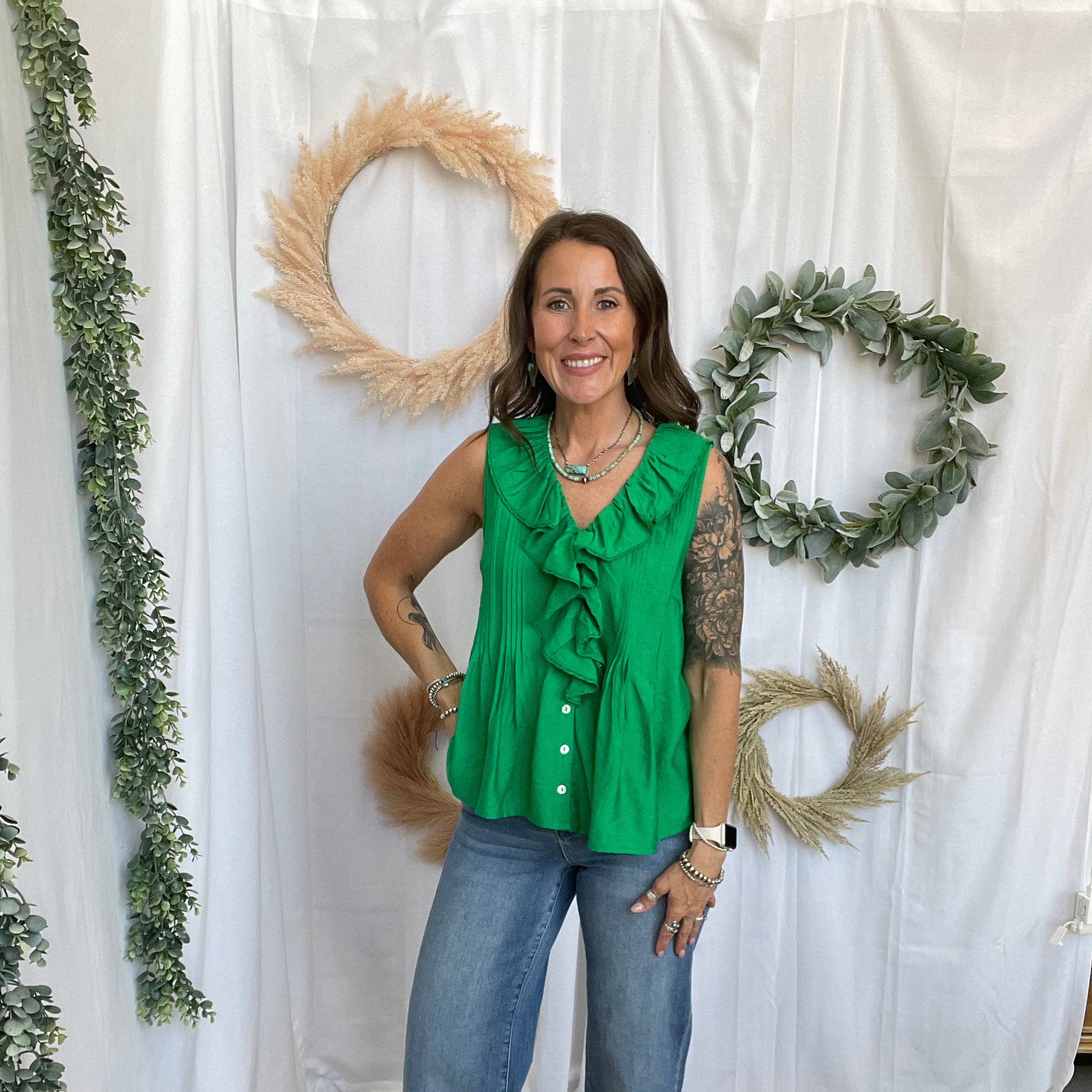 Nikki Flowy Blouse Tank-Green-Tank Tops-entro-The Silo Boutique, Women's Fashion Boutique Located in Warren and Grand Forks North Dakota