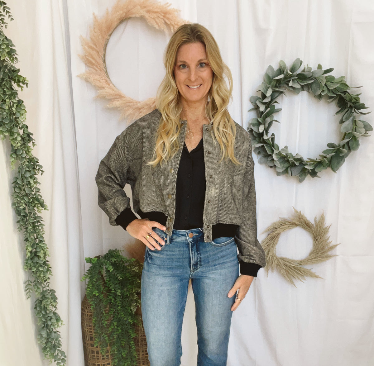Muse Herringbone Bomber Jacket-Black-Vests-miou muse-The Silo Boutique, Women's Fashion Boutique Located in Warren and Grand Forks North Dakota