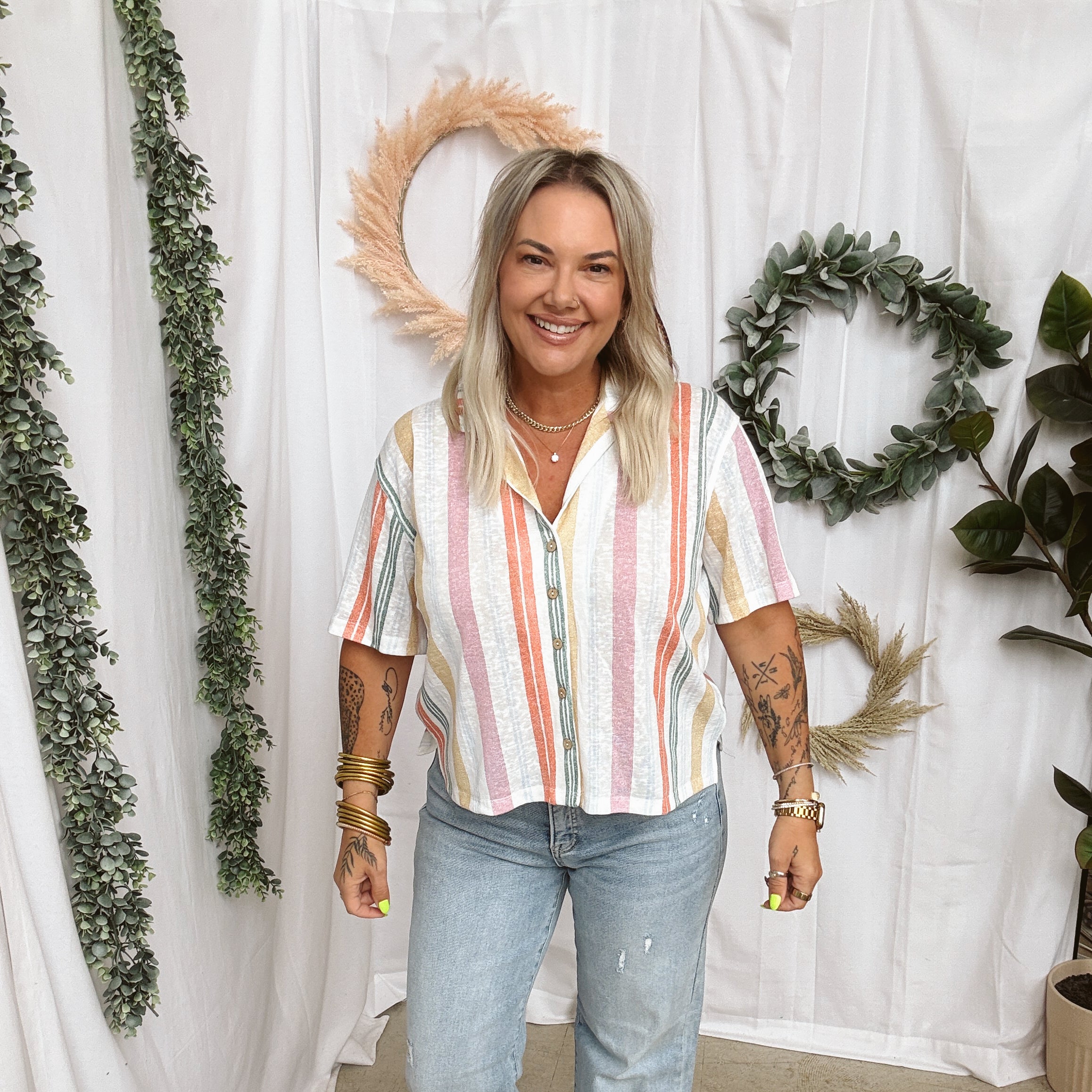Multi Color Button Up Top-Final sale-Short Sleeve Tops-hem and thread-The Silo Boutique, Women's Fashion Boutique Located in Warren and Grand Forks North Dakota