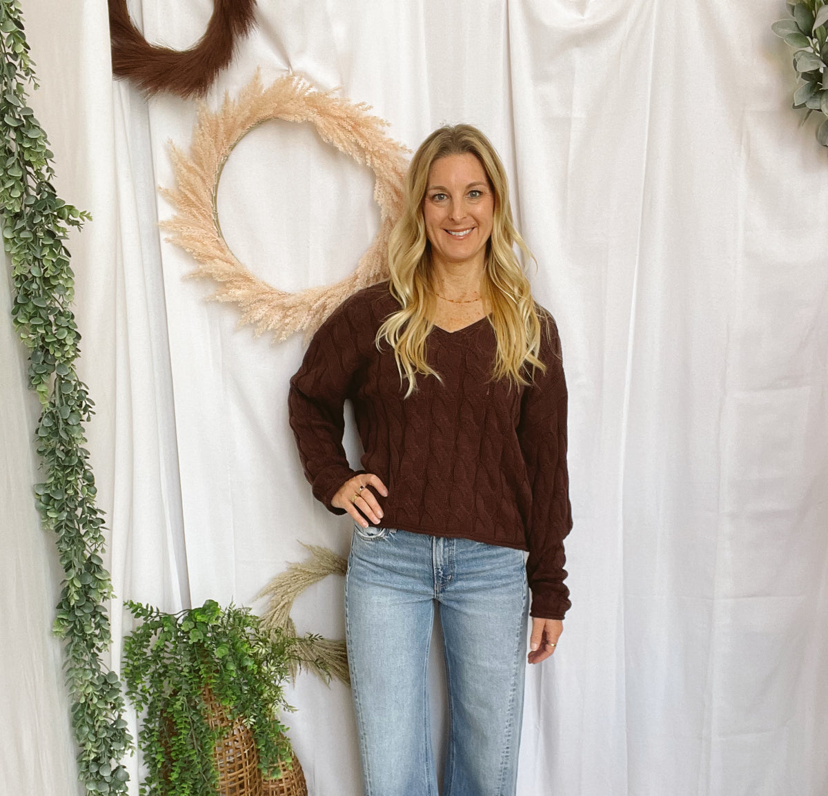 Rowan V Neck Cable Knit Sweater-Sweaters-hyfve-The Silo Boutique, Women's Fashion Boutique Located in Warren and Grand Forks North Dakota