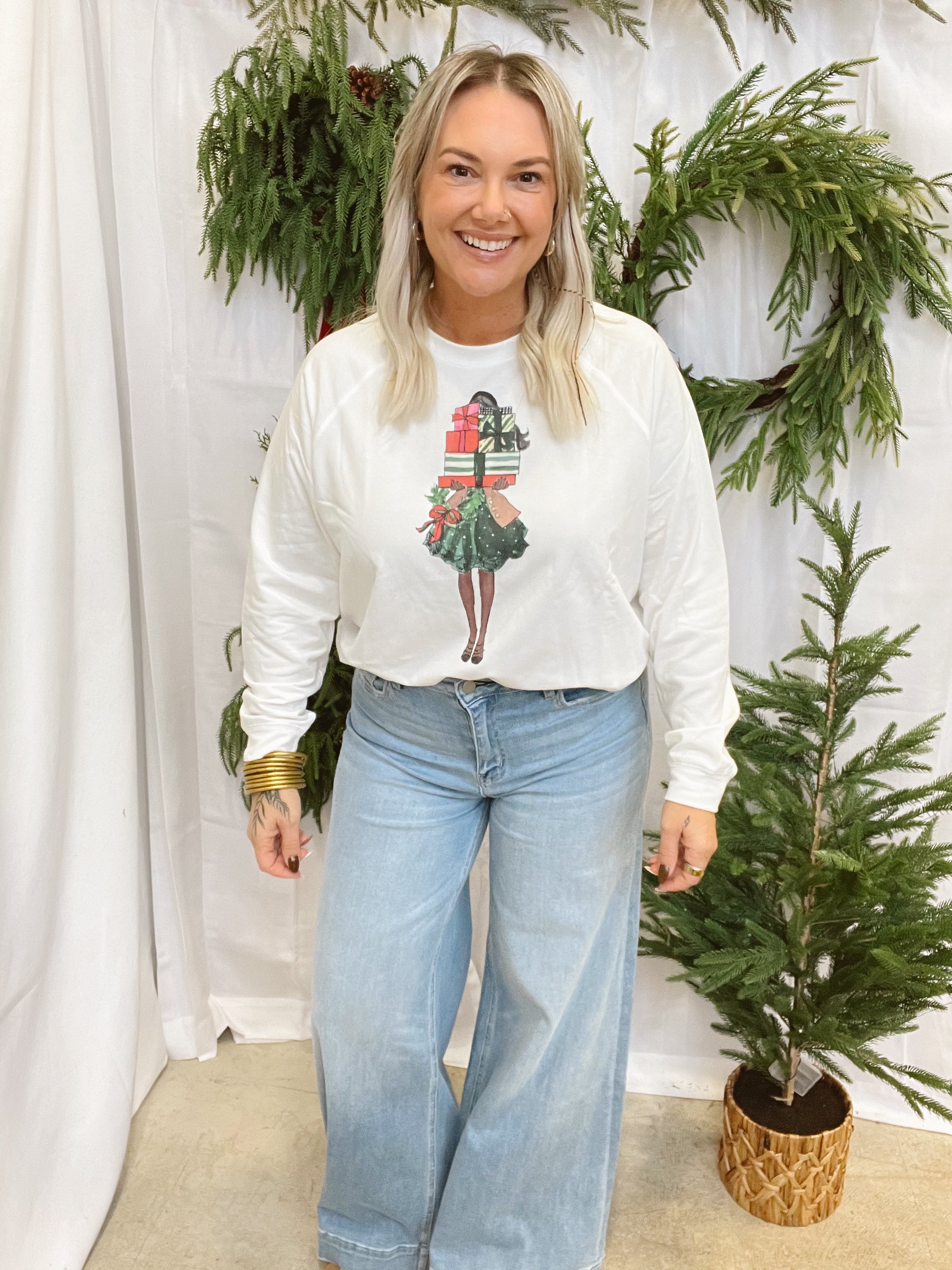 Girl With Presents Sweatshirt-Sweatshirts-panaache-The Silo Boutique, Women's Fashion Boutique Located in Warren and Grand Forks North Dakota