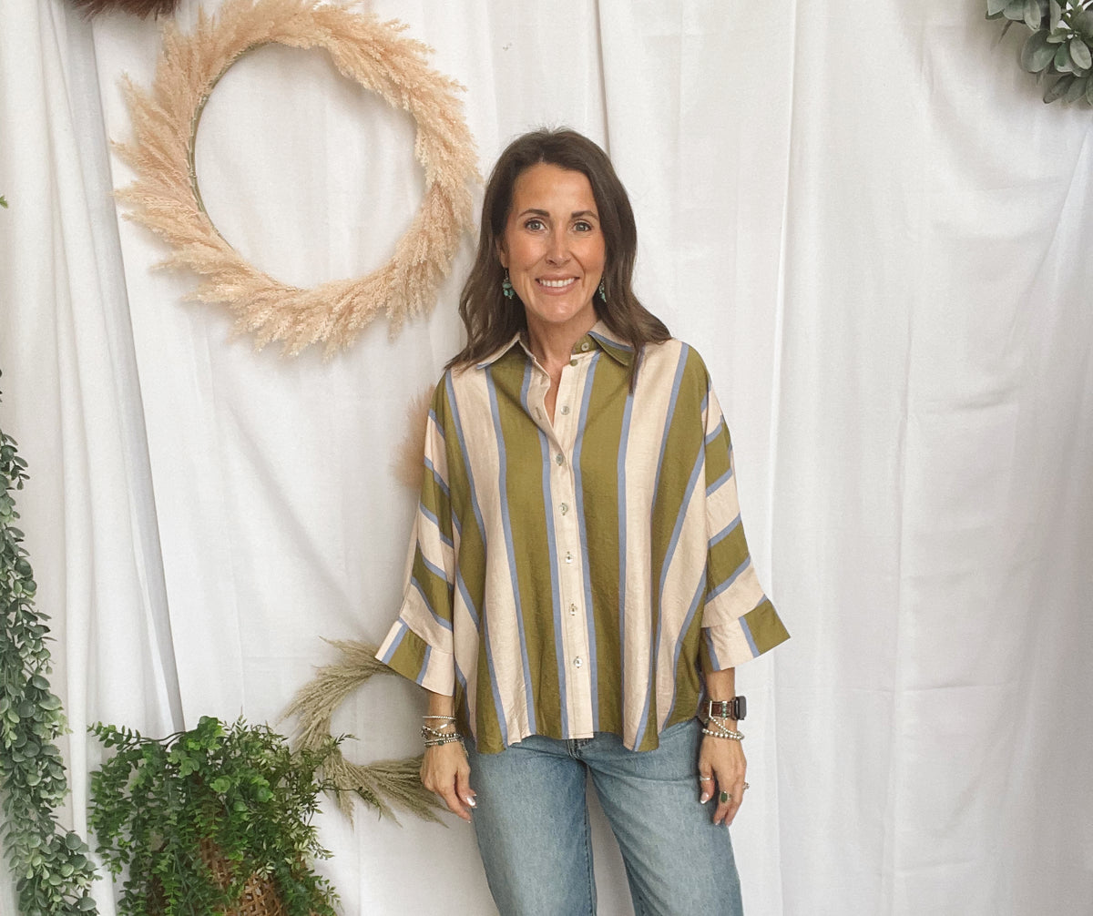 Ella Striped Top-Olive Blue-Short Sleeve Tops-ENTRO-The Silo Boutique, Women's Fashion Boutique Located in Warren and Grand Forks North Dakota
