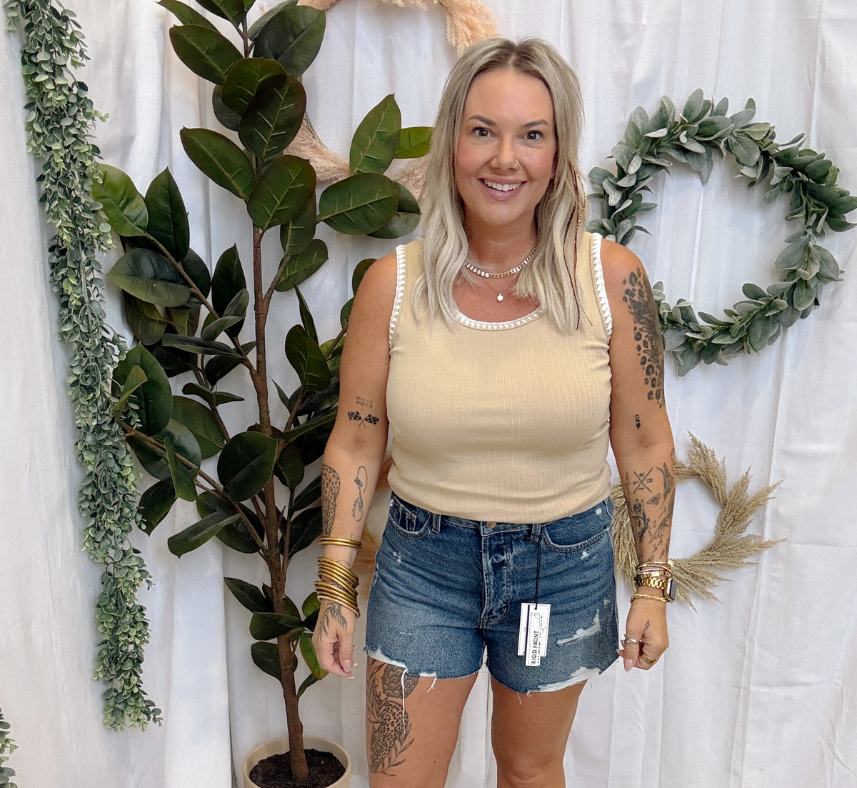 Blanket Stitch Tank Top-Taupe-Short Sleeve Tops-staccato-The Silo Boutique, Women's Fashion Boutique Located in Warren and Grand Forks North Dakota