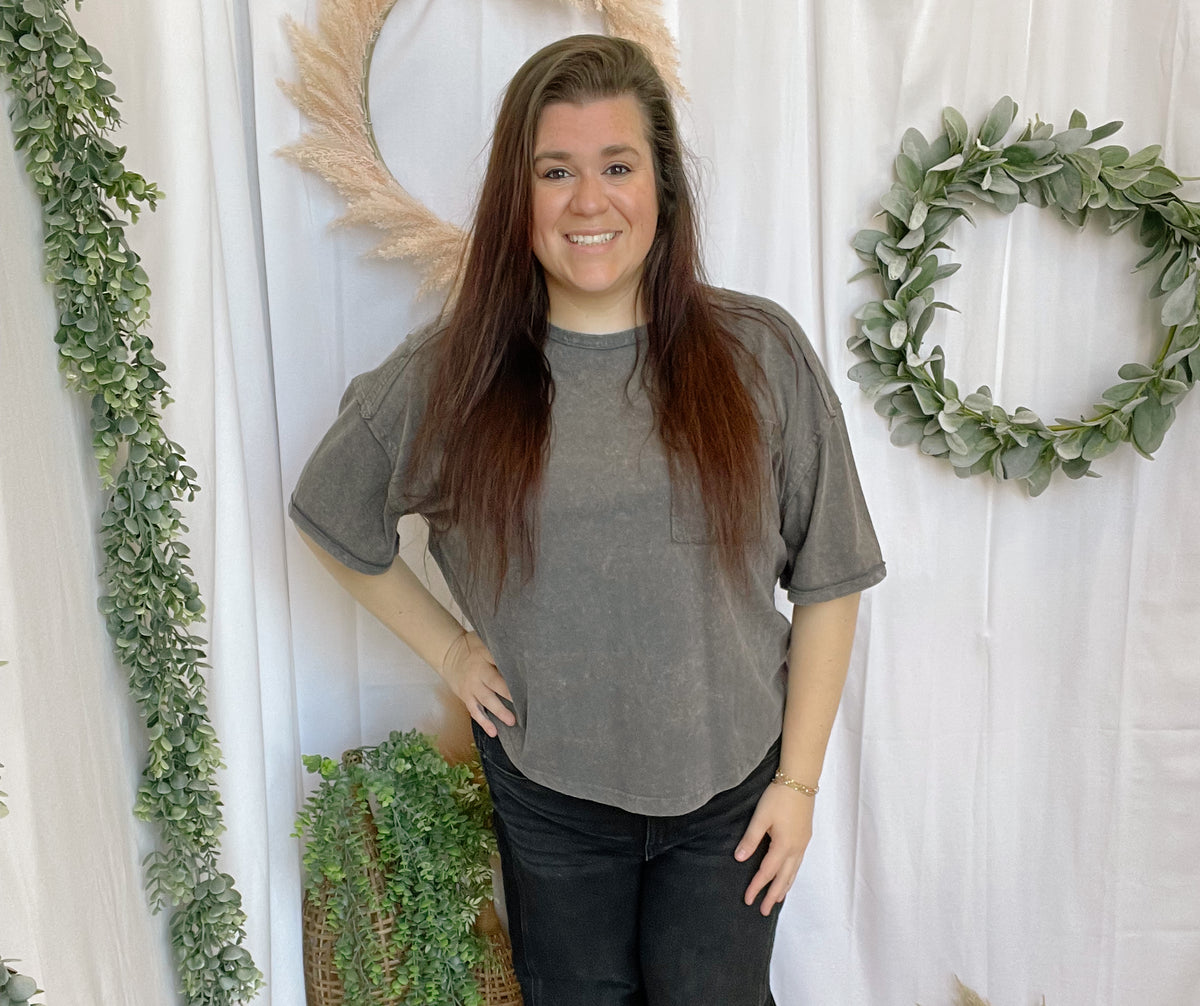 Kyra Mineral Wash Tee-Charcoal-Short Sleeve Tops-very j-The Silo Boutique, Women's Fashion Boutique Located in Warren and Grand Forks North Dakota