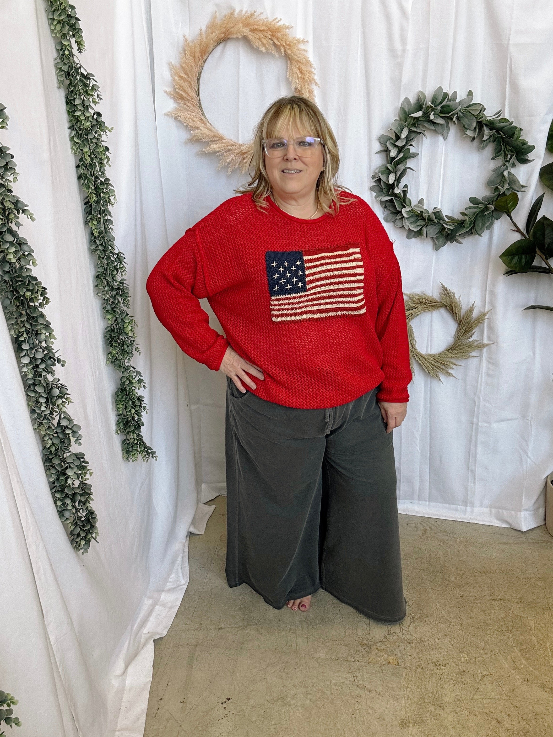 Zen Flag Open Knit Sweater-Red-Long Sleeve Tops-Zenana-The Silo Boutique, Women's Fashion Boutique Located in Warren and Grand Forks North Dakota