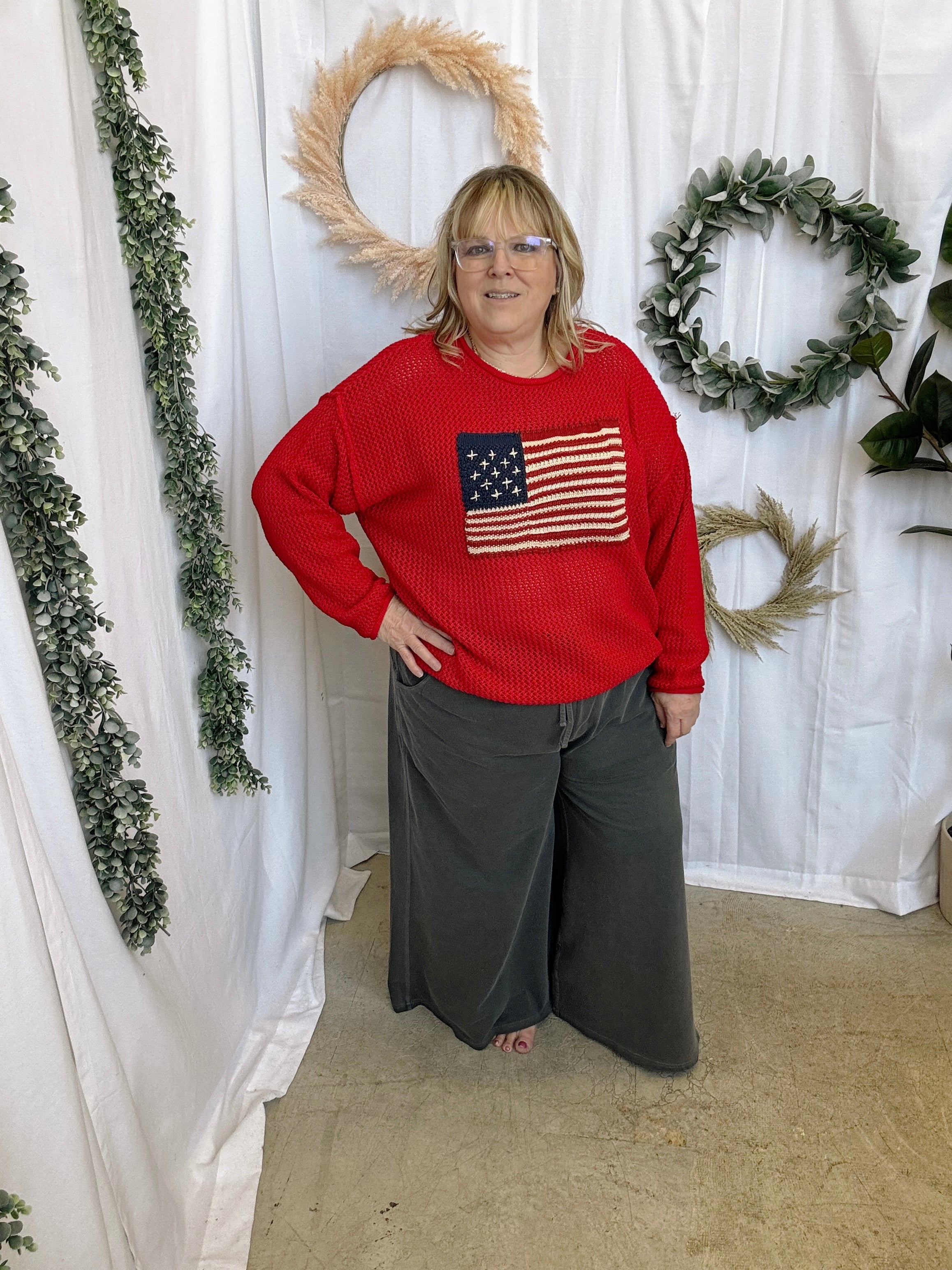 Zen Flag Open Knit Sweater-Red-Long Sleeve Tops-Zenana-The Silo Boutique, Women's Fashion Boutique Located in Warren and Grand Forks North Dakota