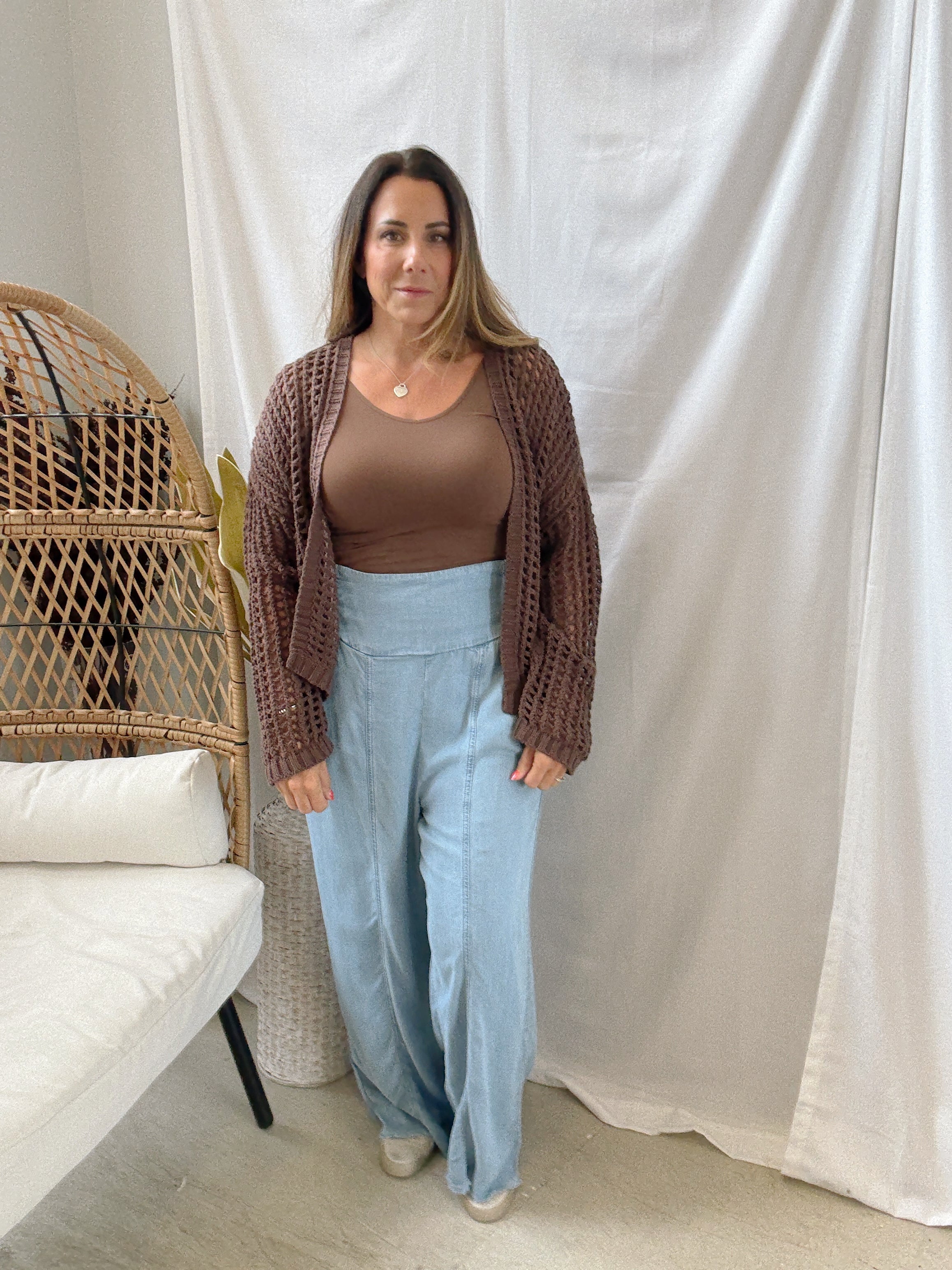 Rae Crochet Open Cardigan-Brown-Cardigans-Doe and Rae-The Silo Boutique, Women's Fashion Boutique Located in Warren and Grand Forks North Dakota