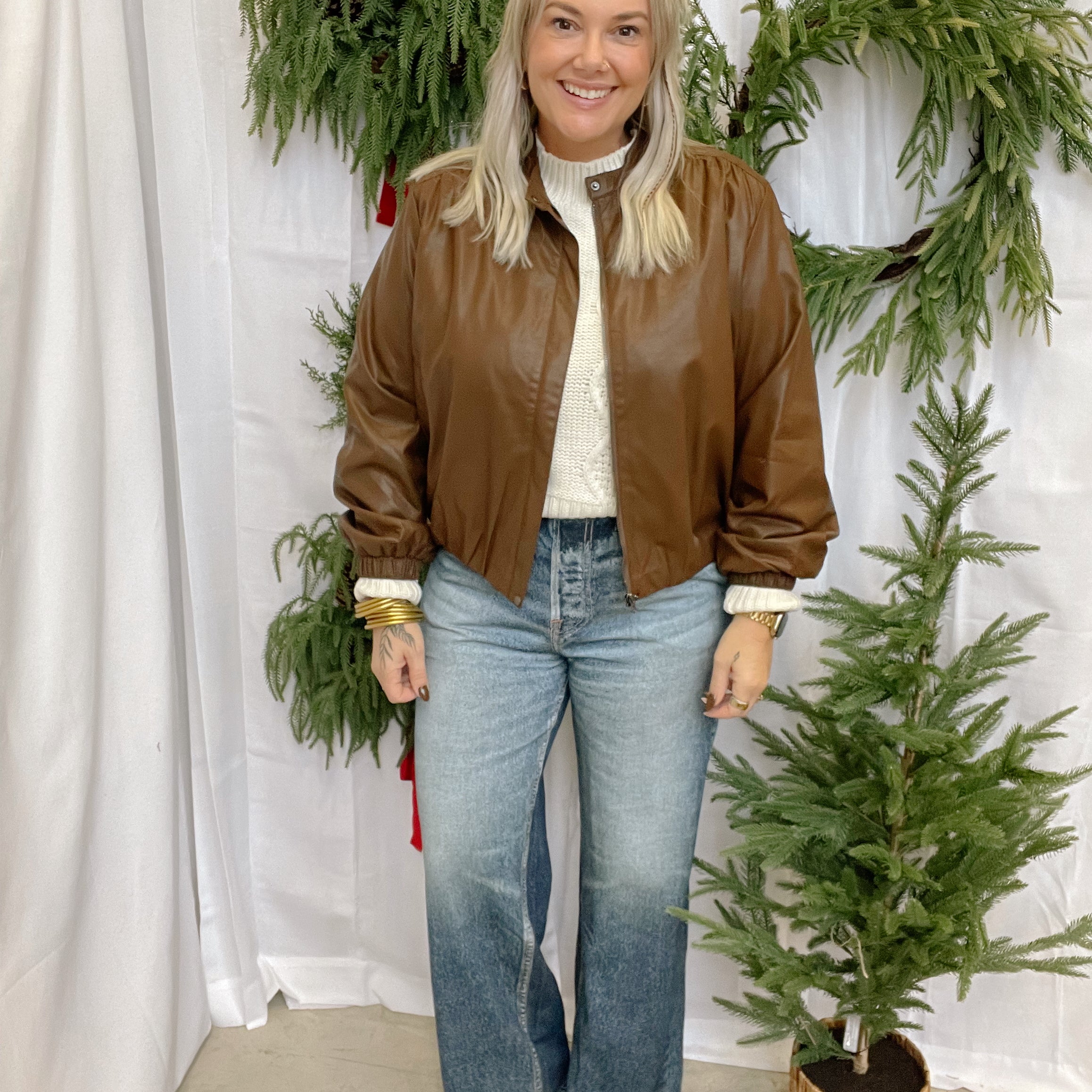 Leather Bomber Jacket-Brown-Coats & Jackets-pinch-The Silo Boutique, Women's Fashion Boutique Located in Warren and Grand Forks North Dakota