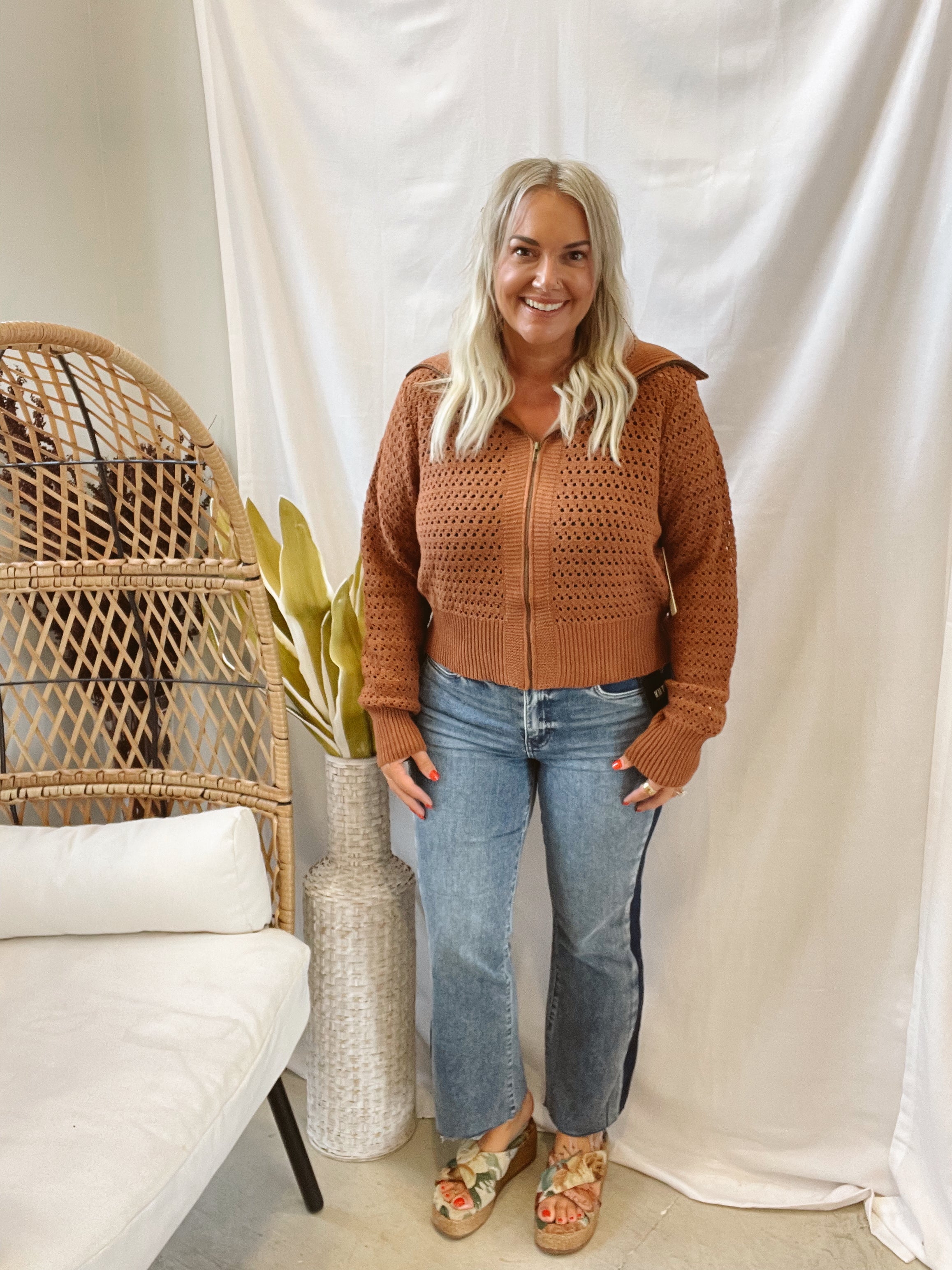 Camel Open Knit Zip Sweater-Sweaters-Doe and Rae-The Silo Boutique, Women's Fashion Boutique Located in Warren and Grand Forks North Dakota