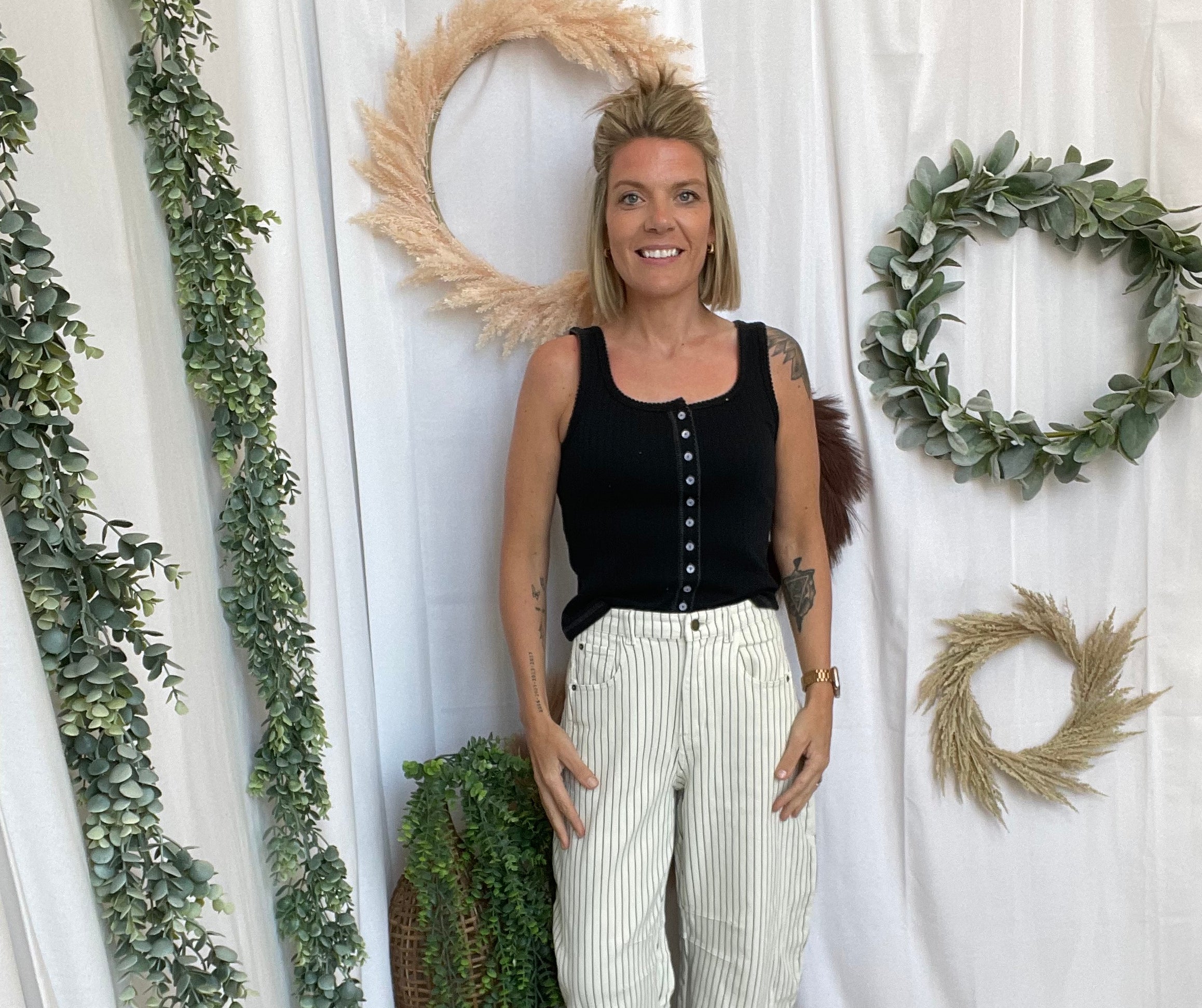 Pinstriped Pattern Barrel Pants-Jeans-miou muse-The Silo Boutique, Women's Fashion Boutique Located in Warren and Grand Forks North Dakota