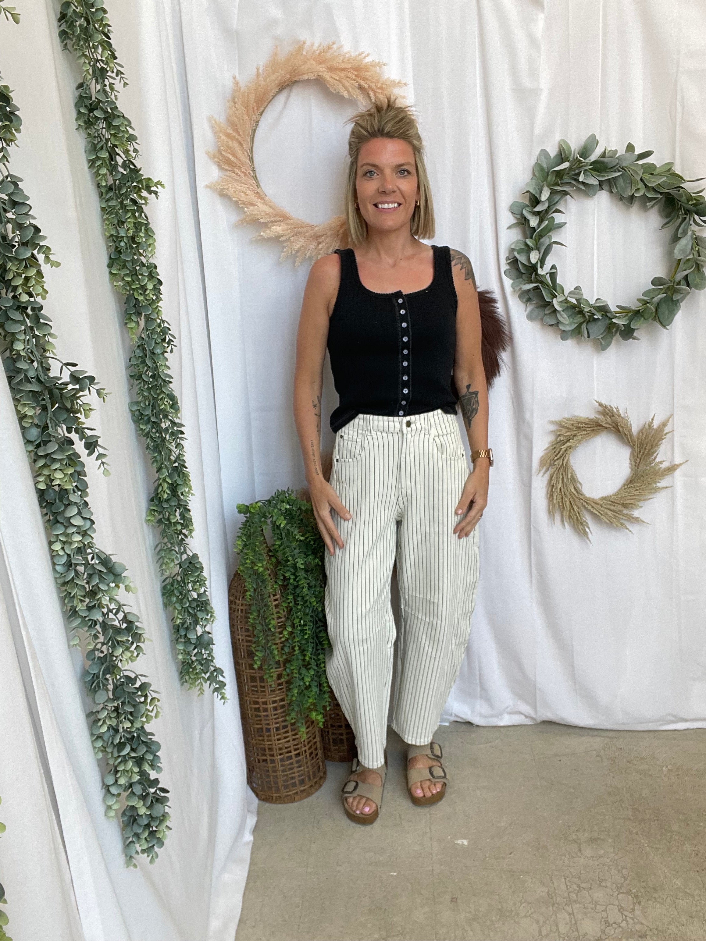 Pinstriped Pattern Barrel Pants-Jeans-miou muse-The Silo Boutique, Women's Fashion Boutique Located in Warren and Grand Forks North Dakota