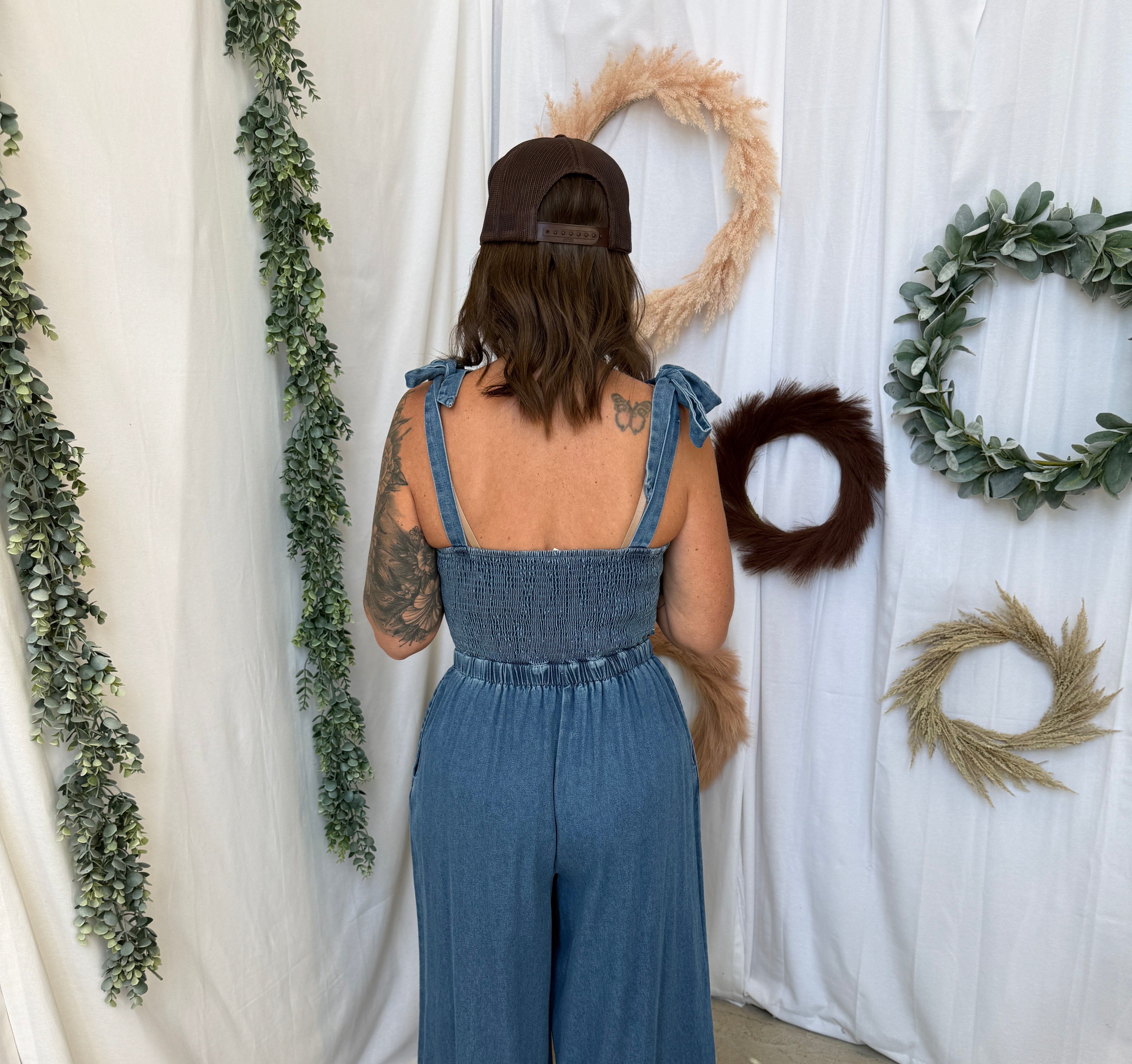 Denim Floral Jumpsuit-Final Sale-Jumpsuits & Rompers-peach love-The Silo Boutique, Women's Fashion Boutique Located in Warren and Grand Forks North Dakota