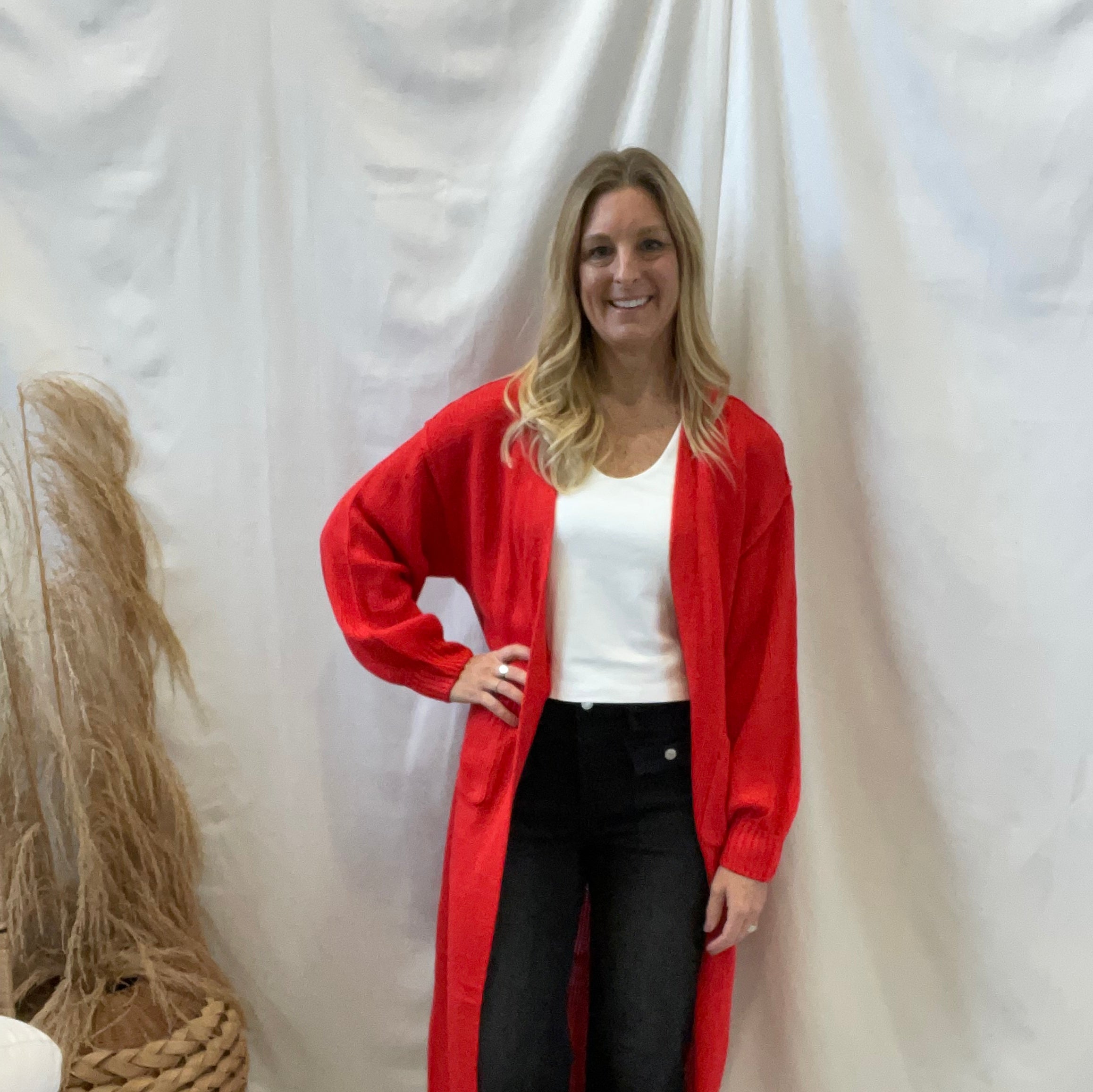 Panache Long Cardigan-Red-Cardigans-panache-The Silo Boutique, Women's Fashion Boutique Located in Warren and Grand Forks North Dakota